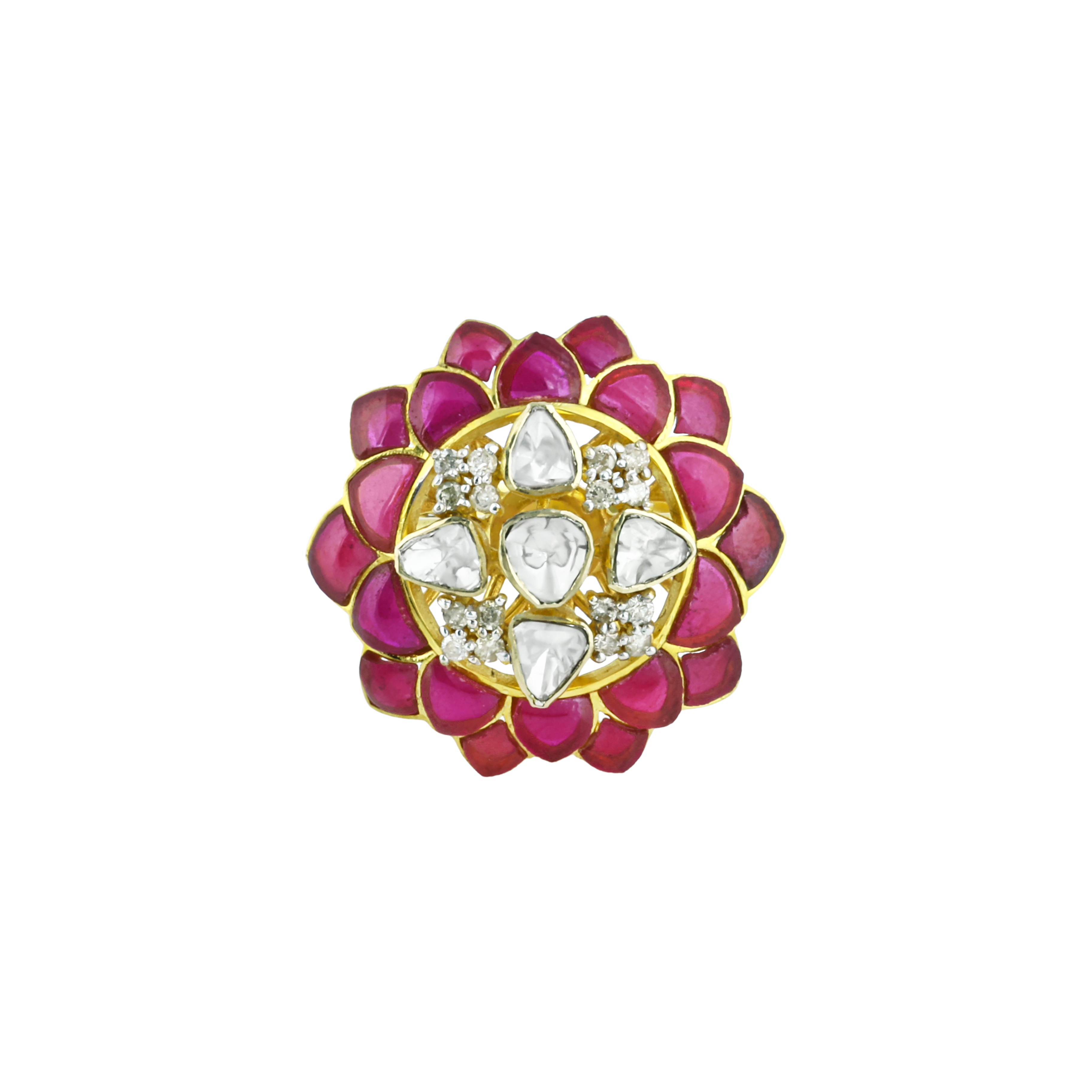 Floral Polki Ring with Pink Talaf and Diamond Polki