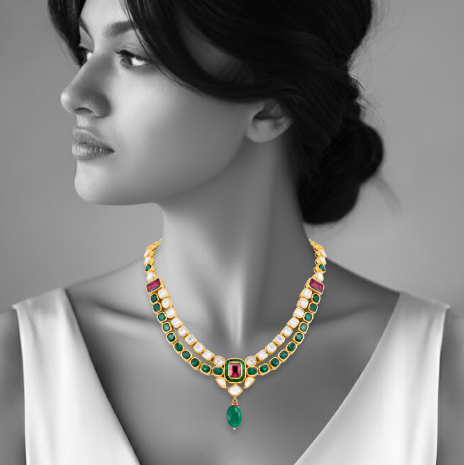 Two-Row Polki Necklace with Tourmaline Center