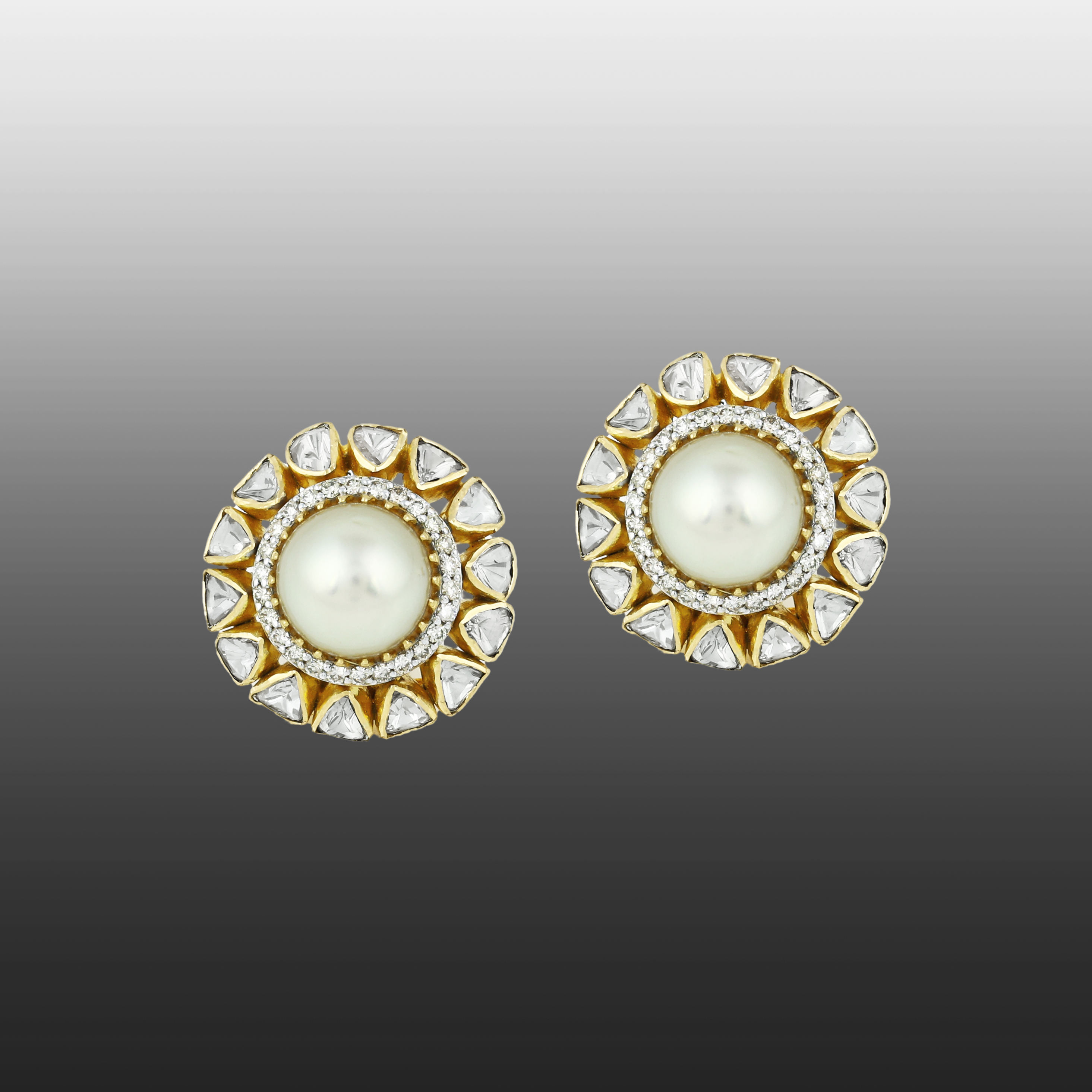 Pearl Stud Earrings with Polki Diamond Circular Halos