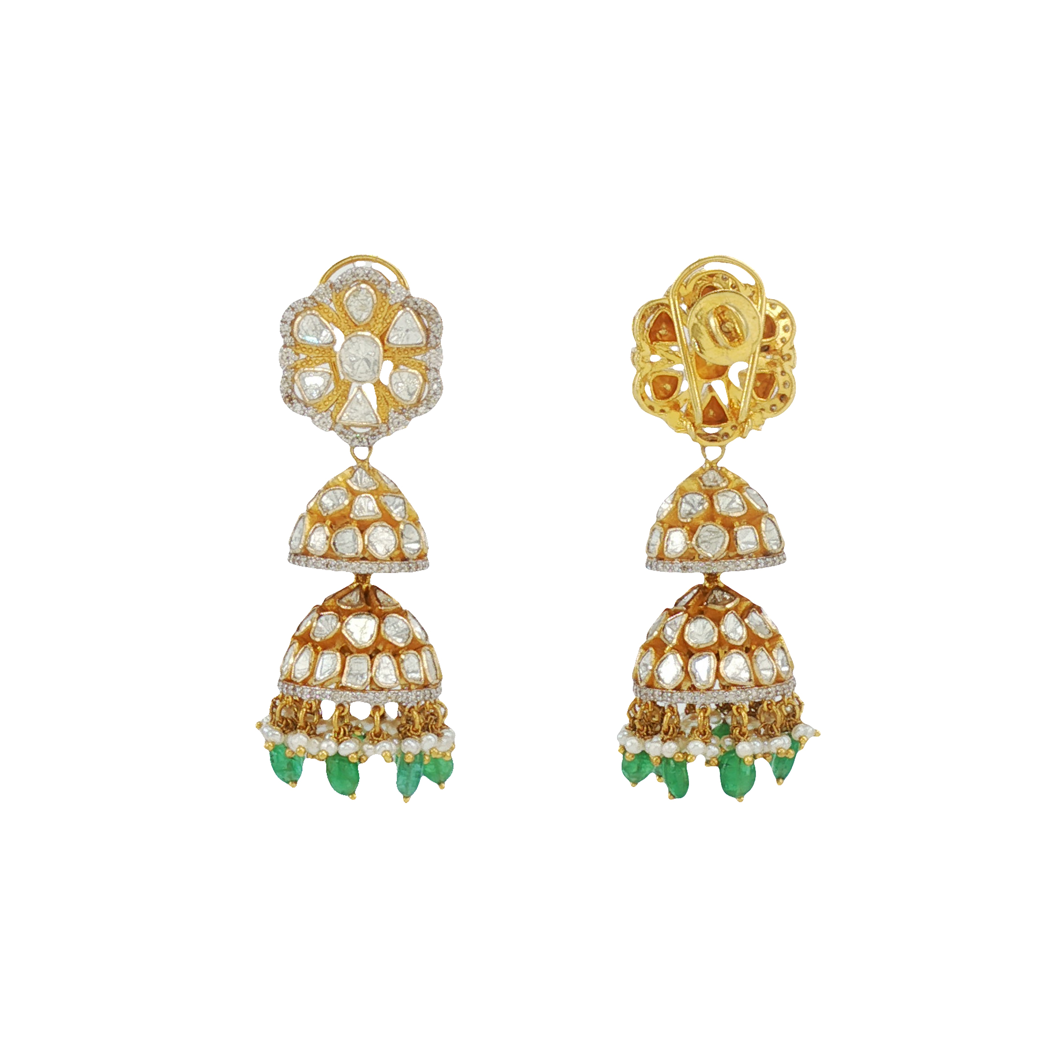 Tiered Polki Jhumkas with Emerald Drops