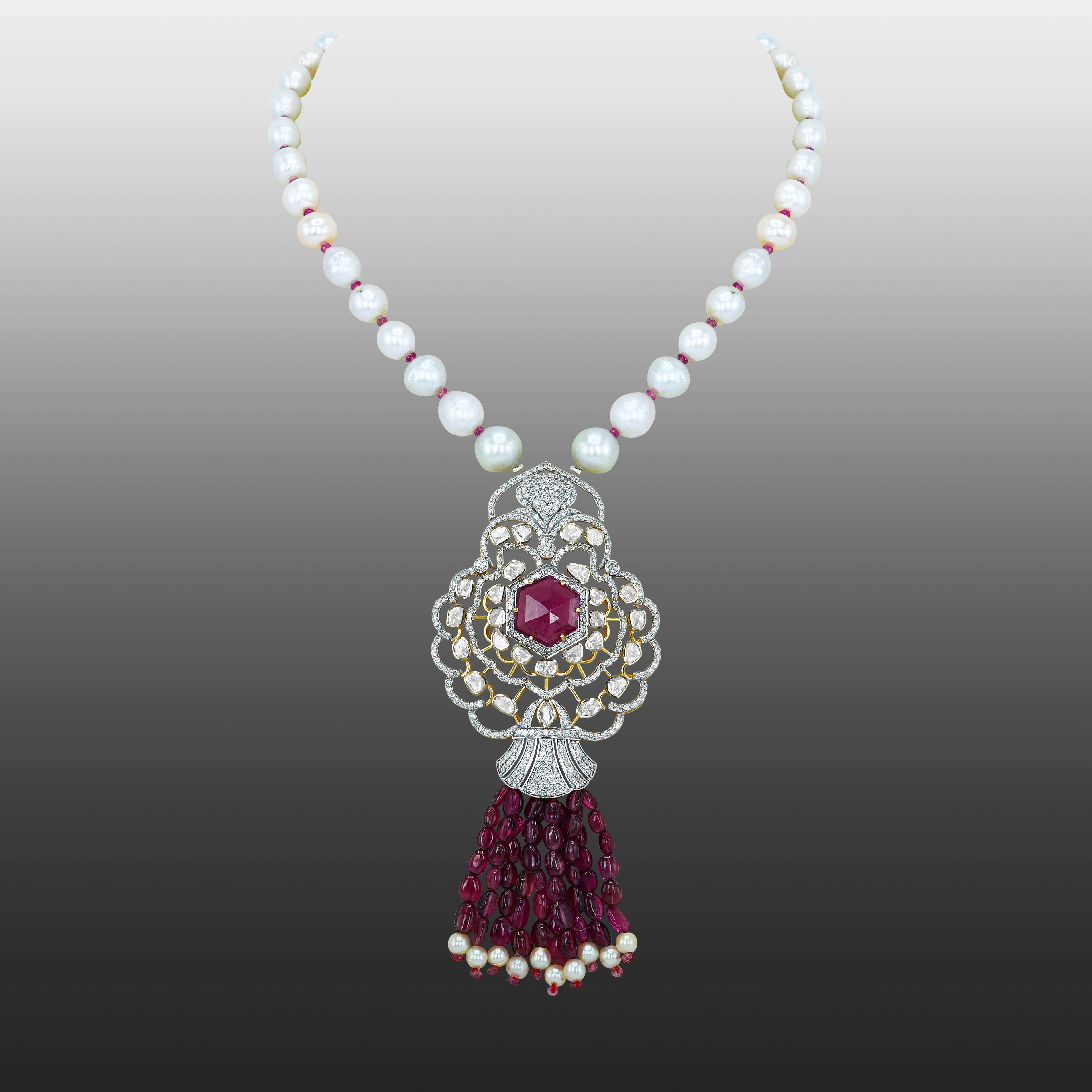 Hexagonal Tourmaline Pendant with Diamond Filigree and Tourmaline Tassels