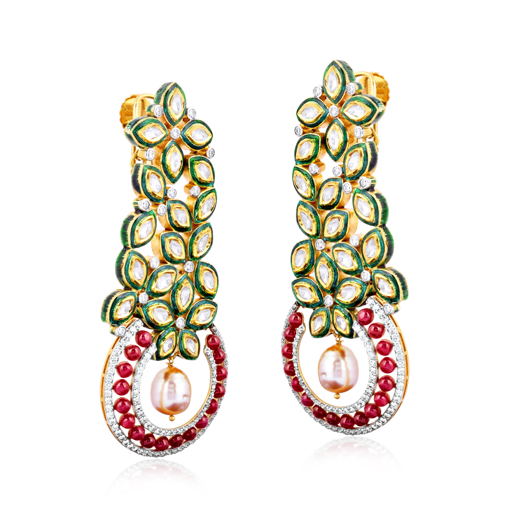 Cascading Petal Polki Earrings with Green Meena, Ruby Beads, and Pearl