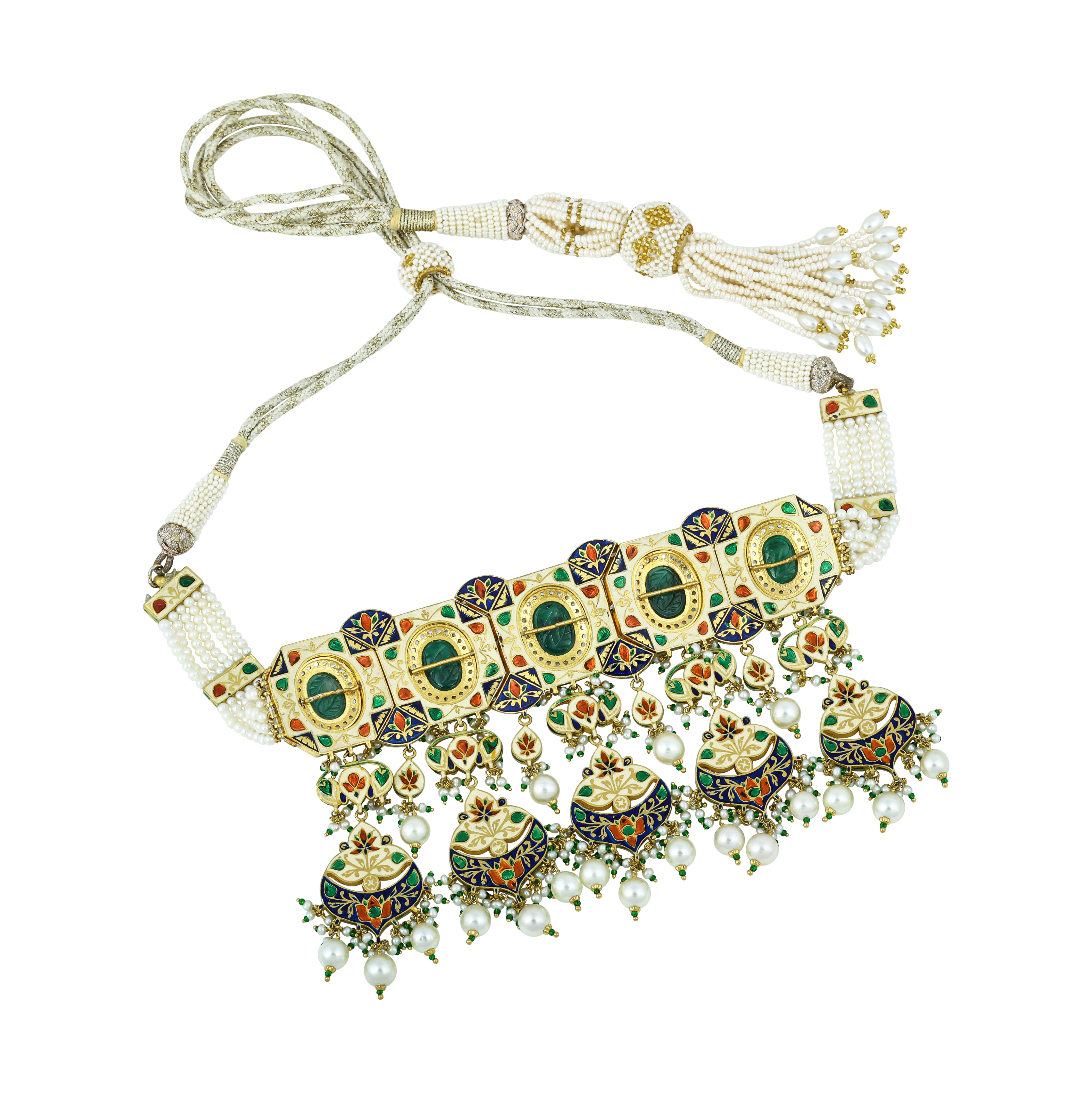 Emerald & Polki Choker with Pearl Layers and Matching Earrings