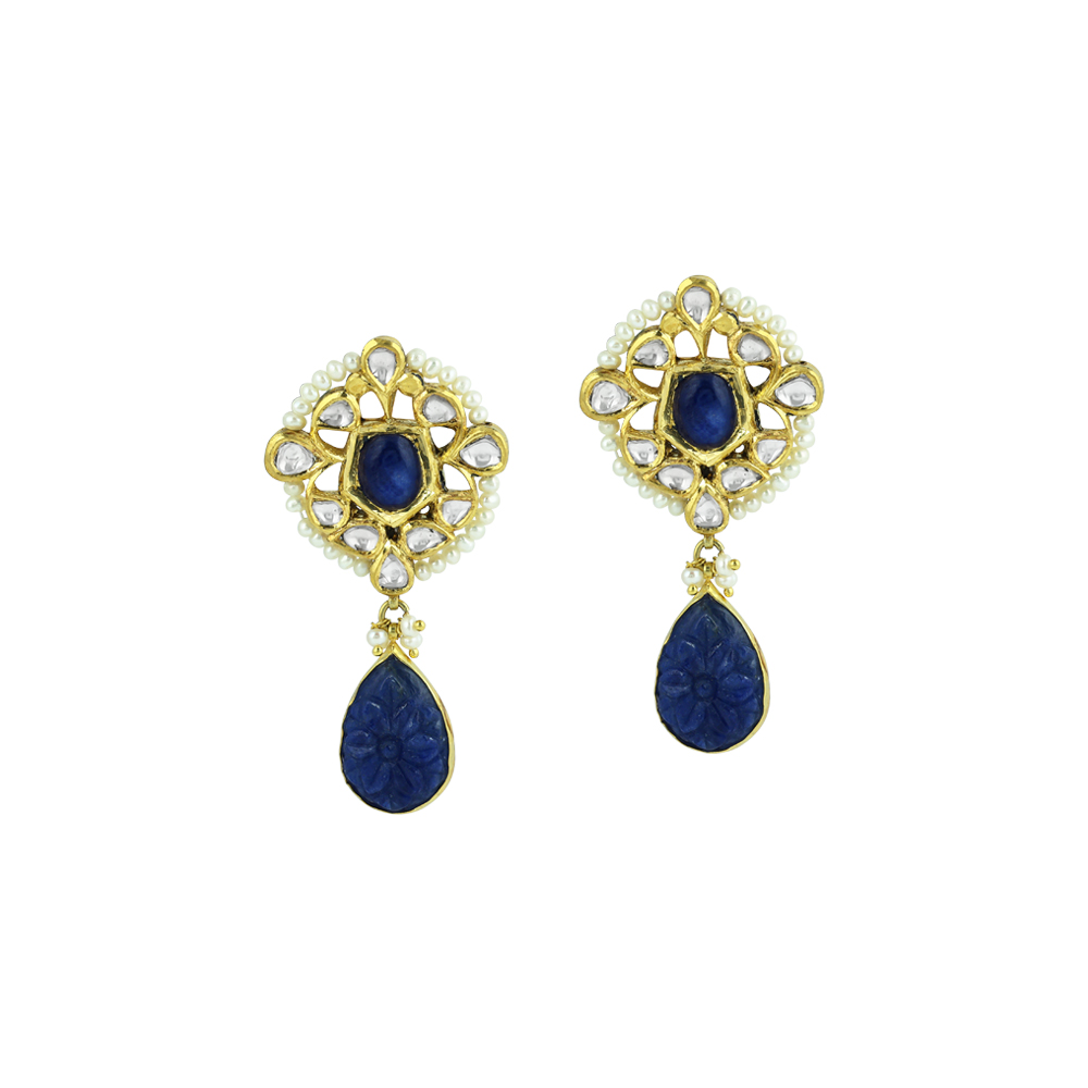 Pearl Strings and Carved Blue Stone Necklace Set with Polki