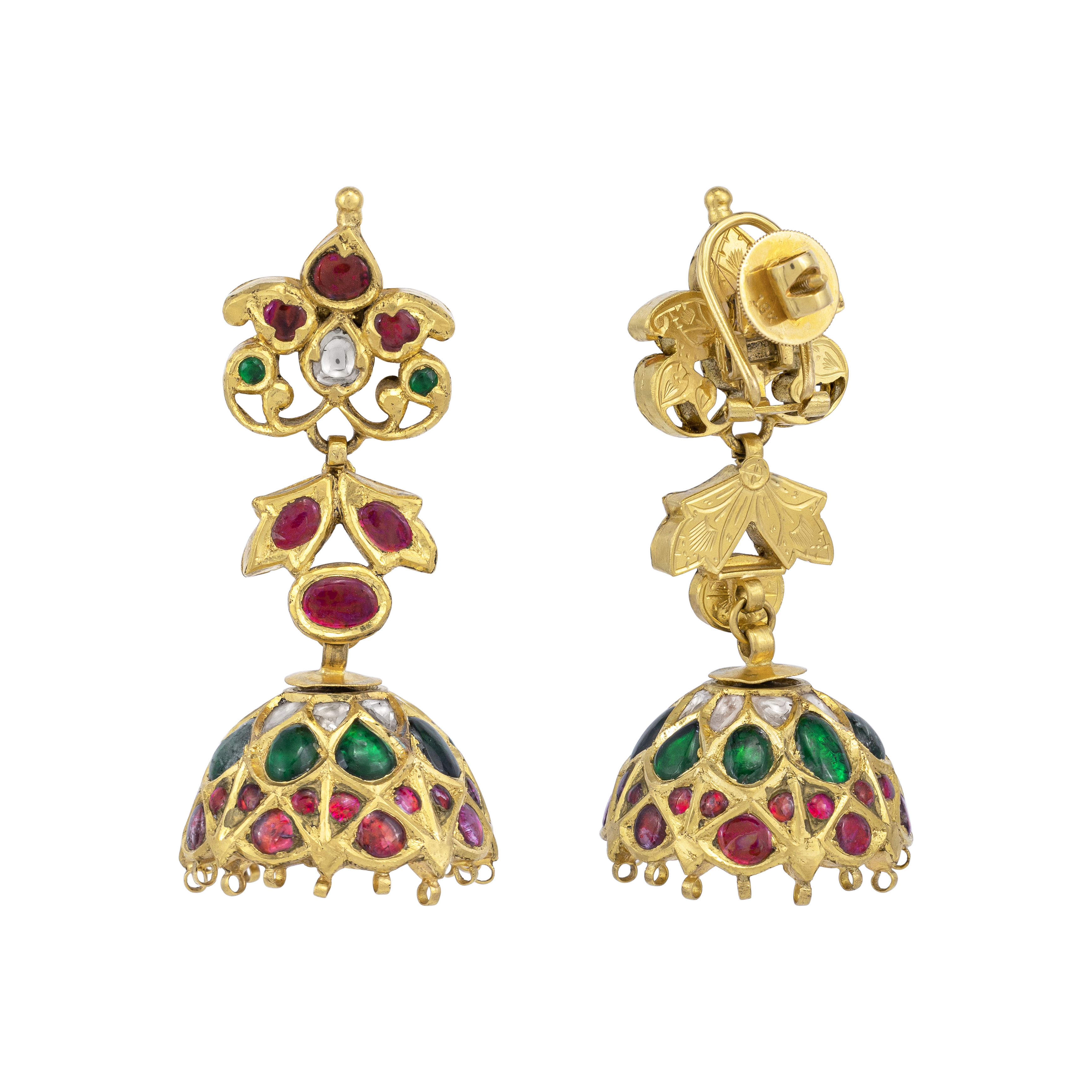 Yellow Gold Jhumkas with Emerald and Ruby