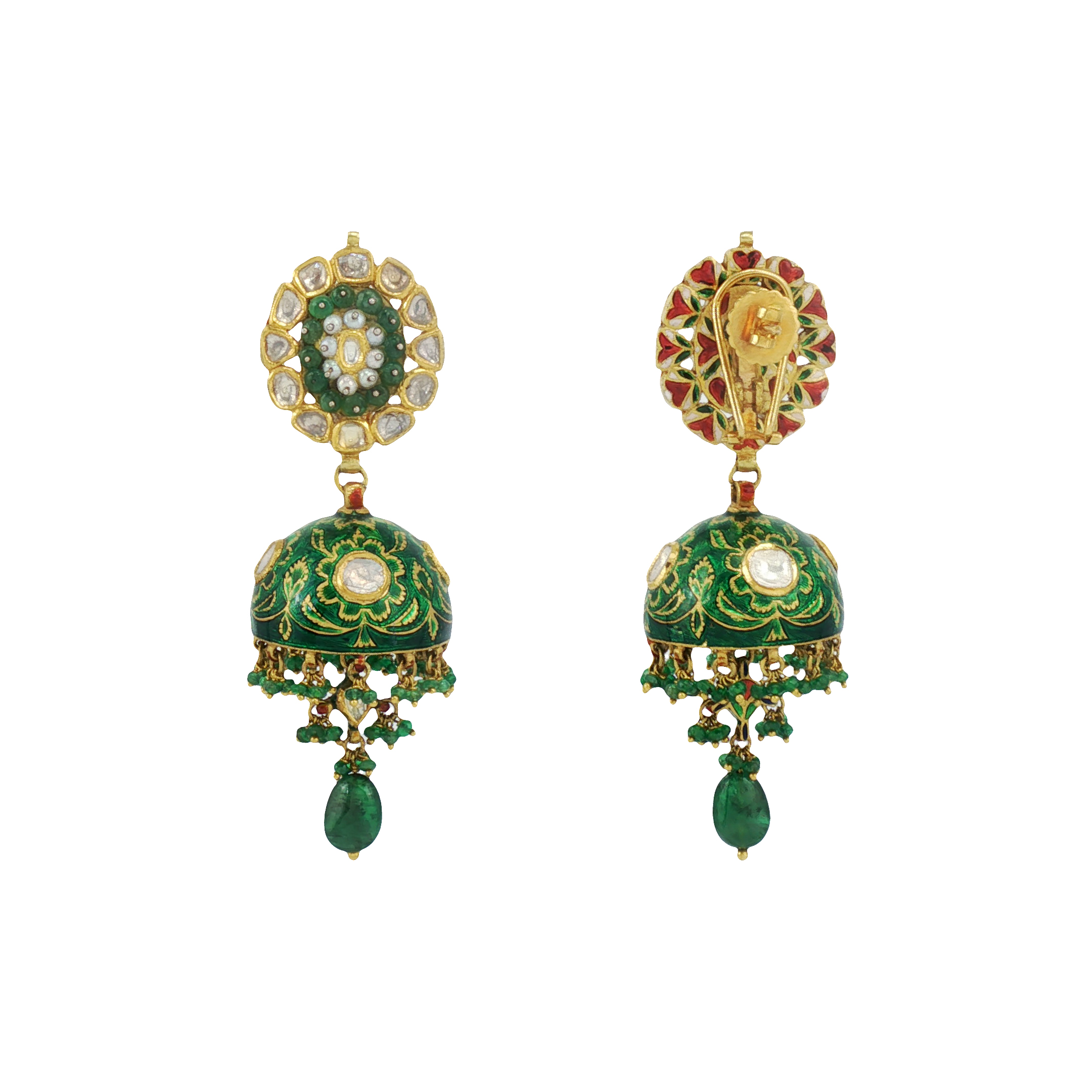 Emerald Bead Jhumkas with Polki Detailing