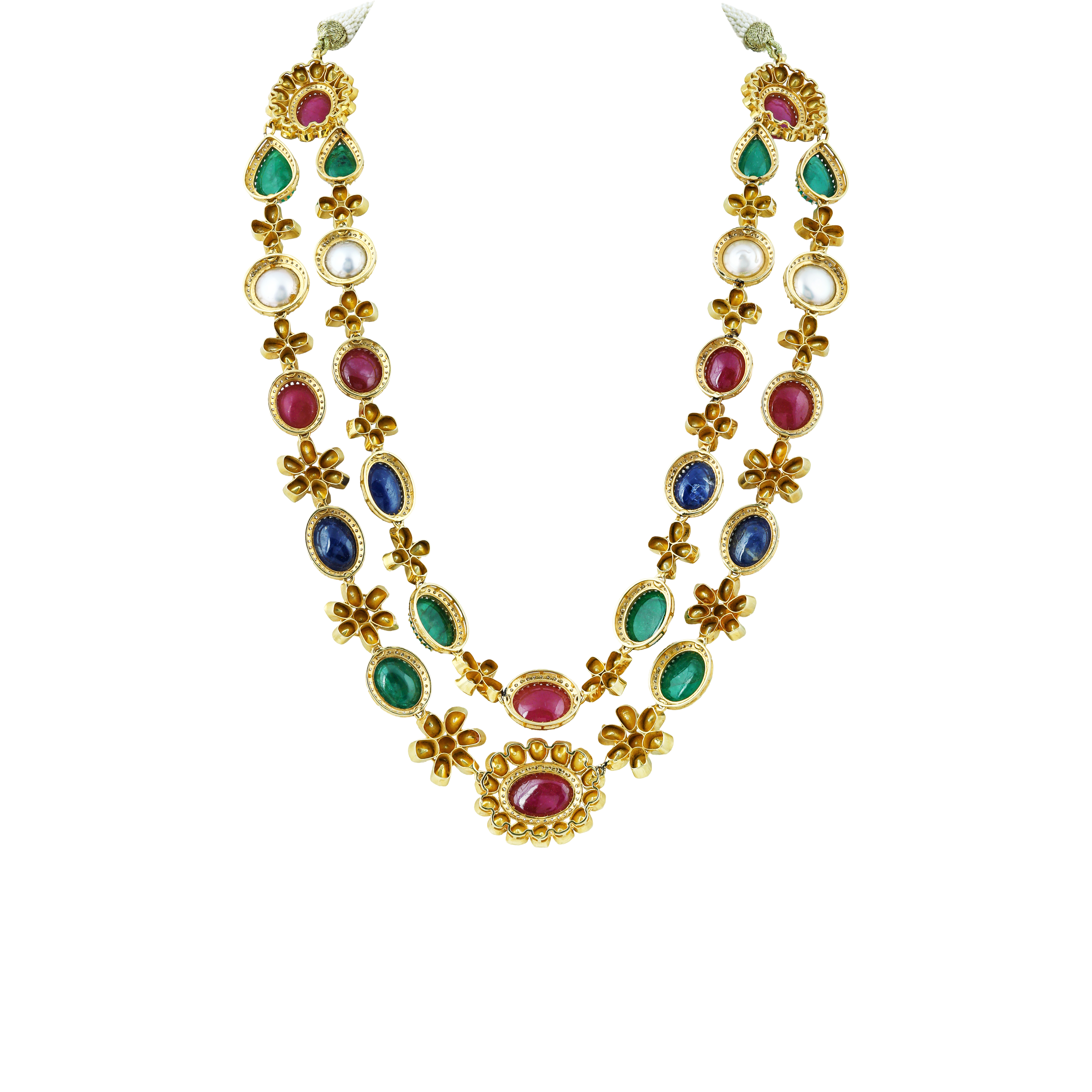 Navratan Necklace Set with Open Polki and Floral Motifs
