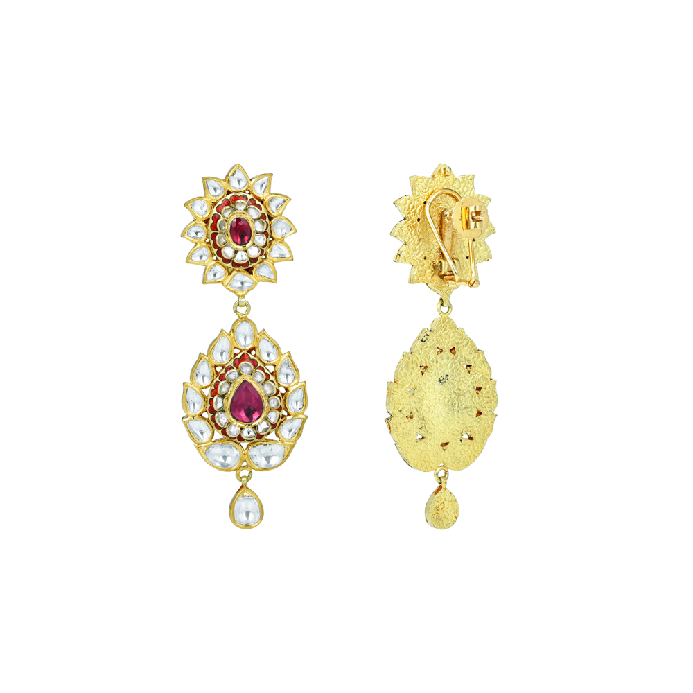 Floral Polki Earrings with Rhodolite and Red Enamel