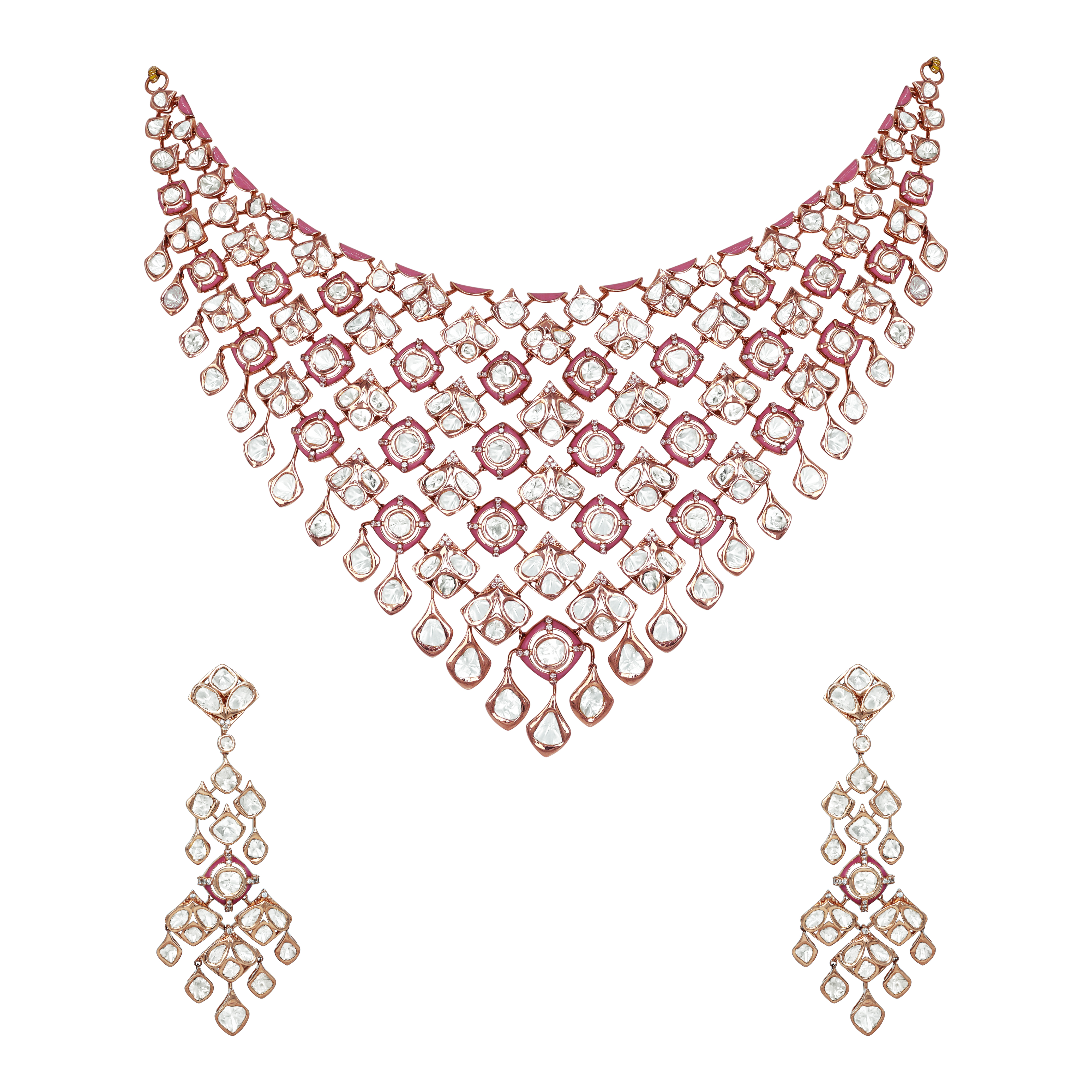 Polki Necklace Set with Pink Enamel Intricate work