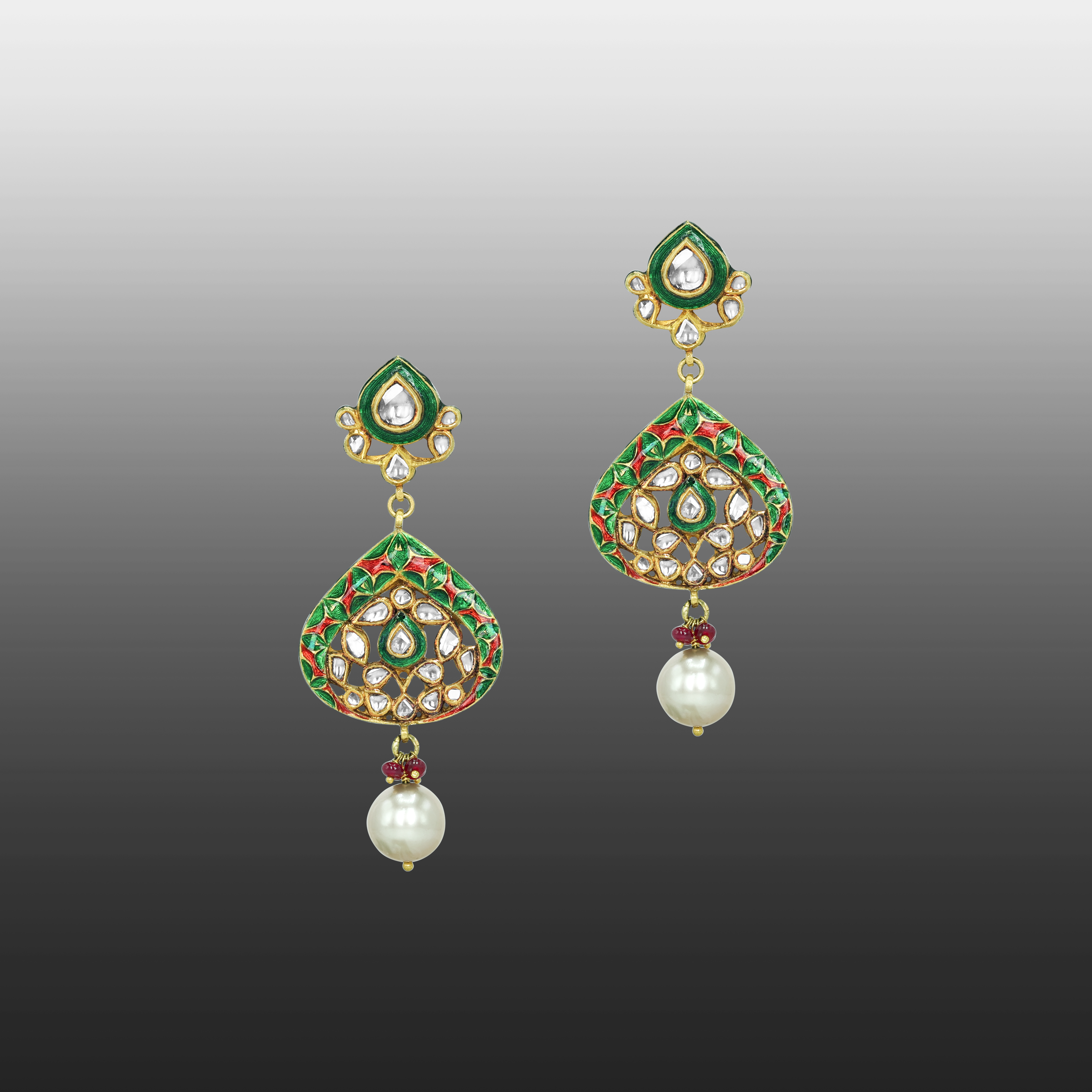 Polki Necklace Set with Green Enamel, Pearl Strands, and Drops