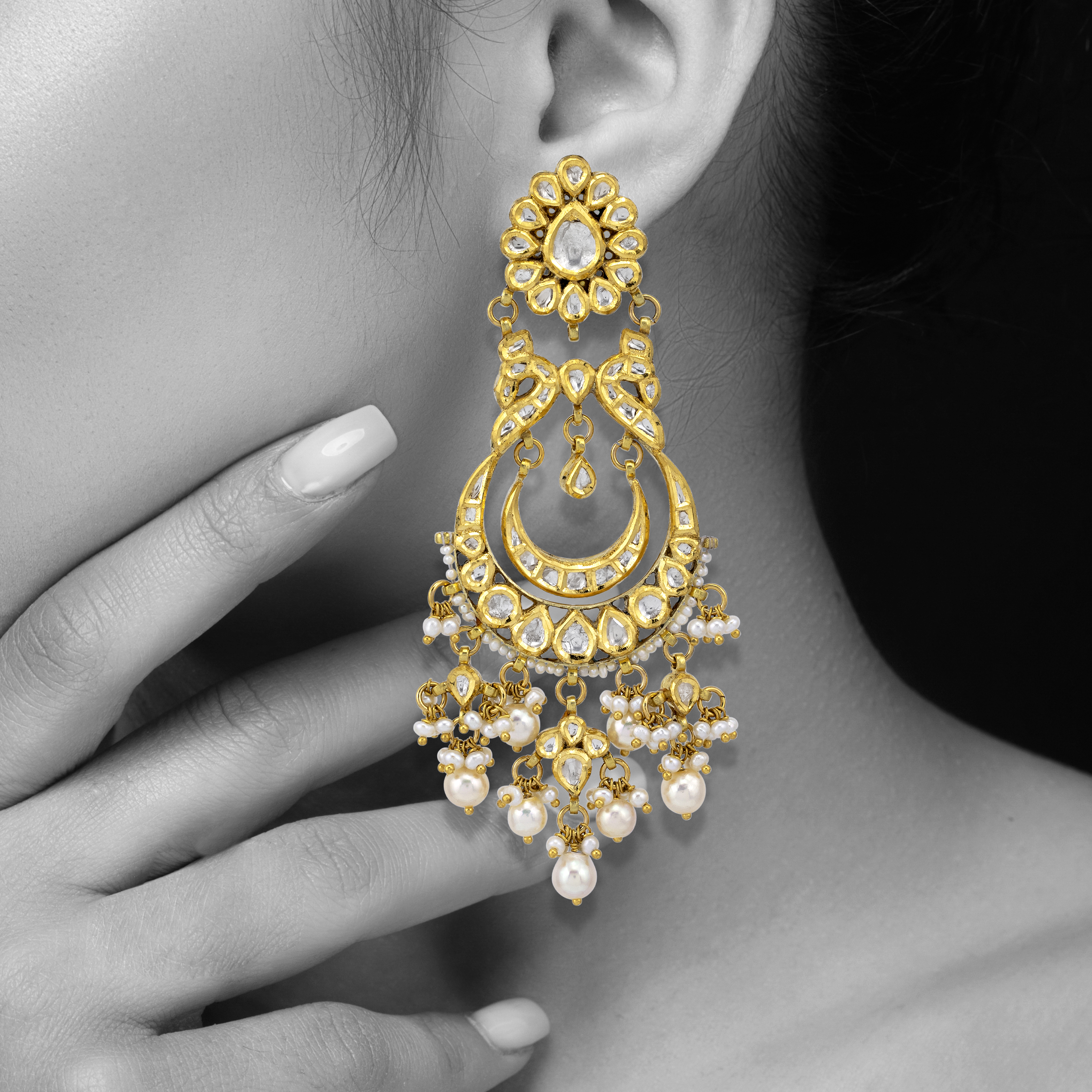 Gold Polki Danglers with Japanese Pearls