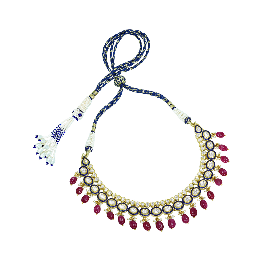 Blue Enamel Necklace with Polki Diamonds, Pearls, and Ruby Drops