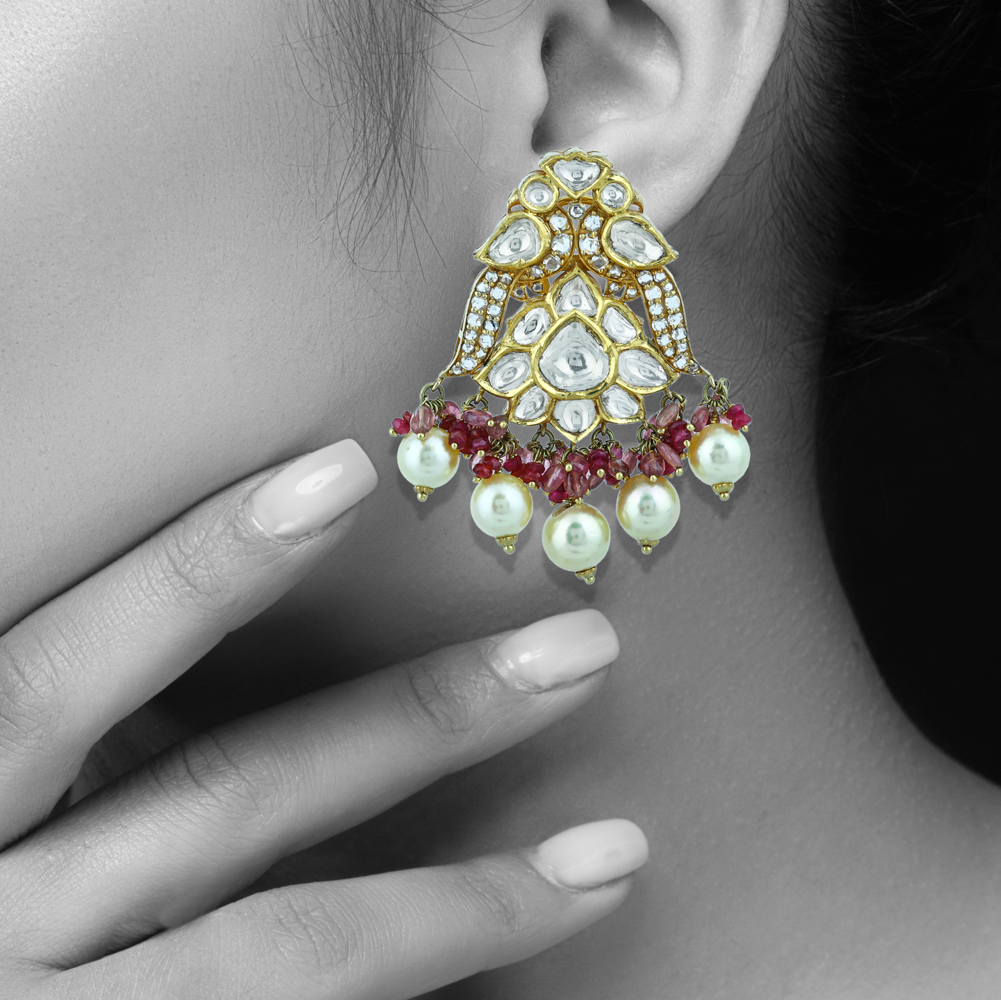 Choker Set with Uncut and Fullcut Diamonds, Ruby Beads & Pearls