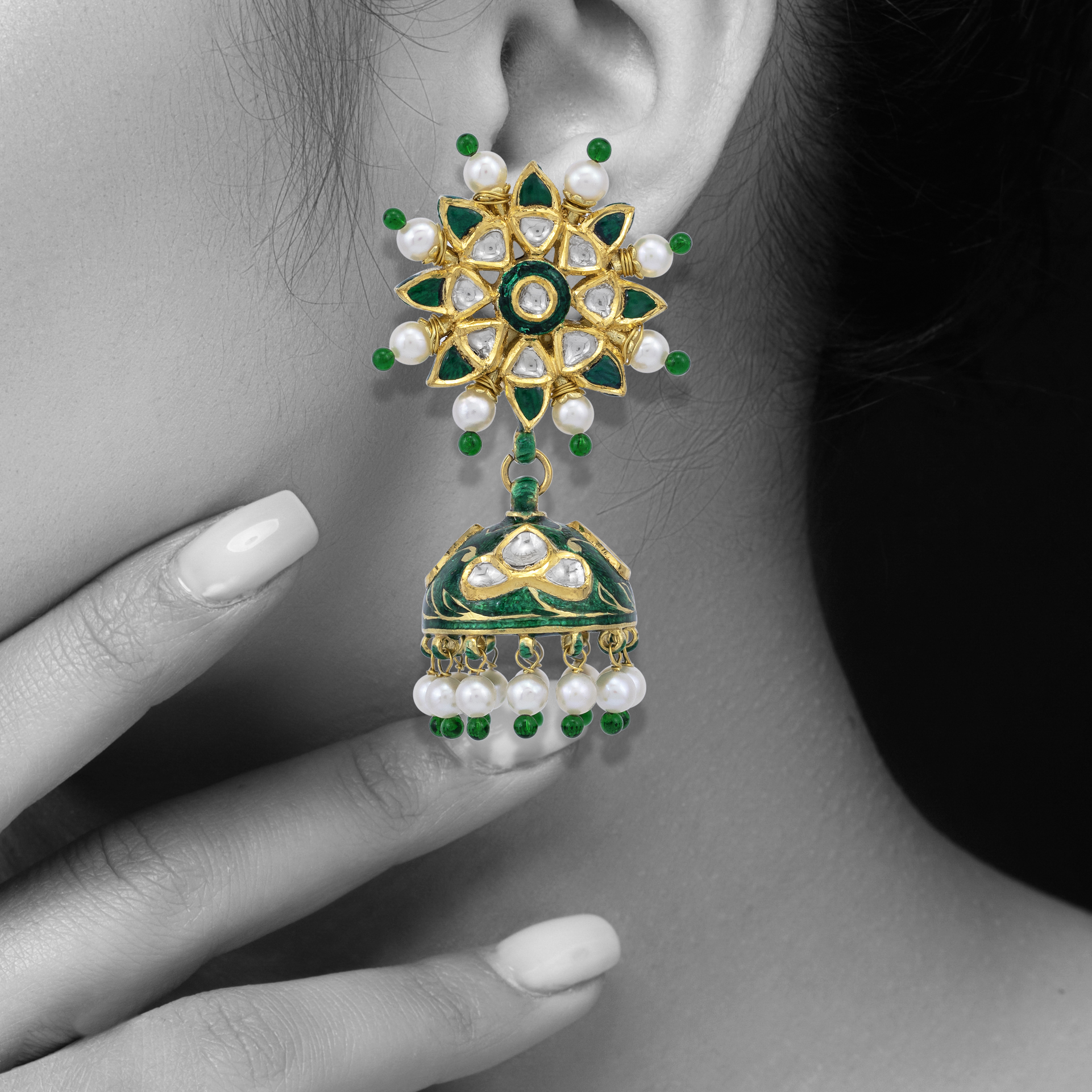 Floral Polki Jhumkas with Green Bead Fringe