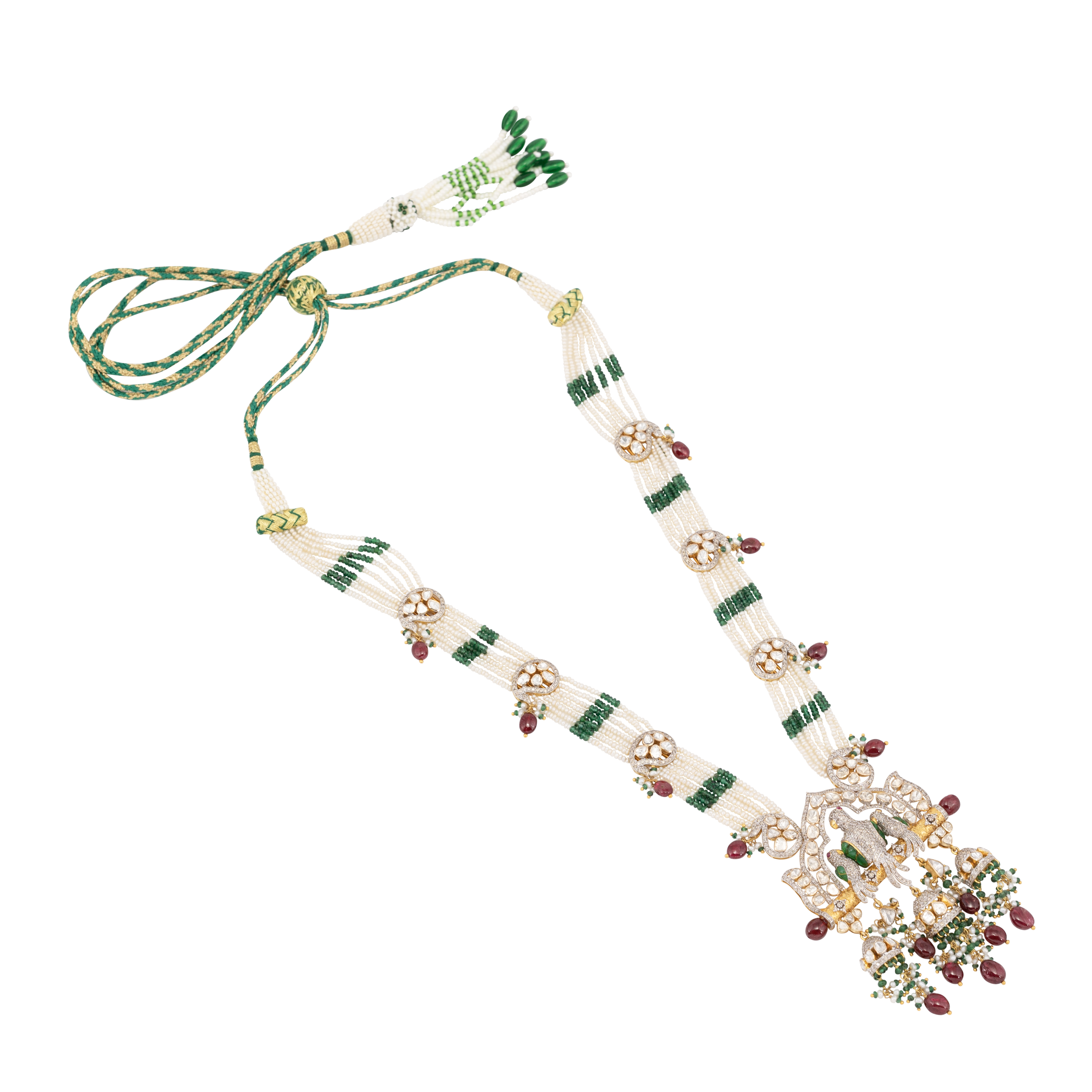 Culture Pearls and Emerald Necklace with Bird Motif Pendant