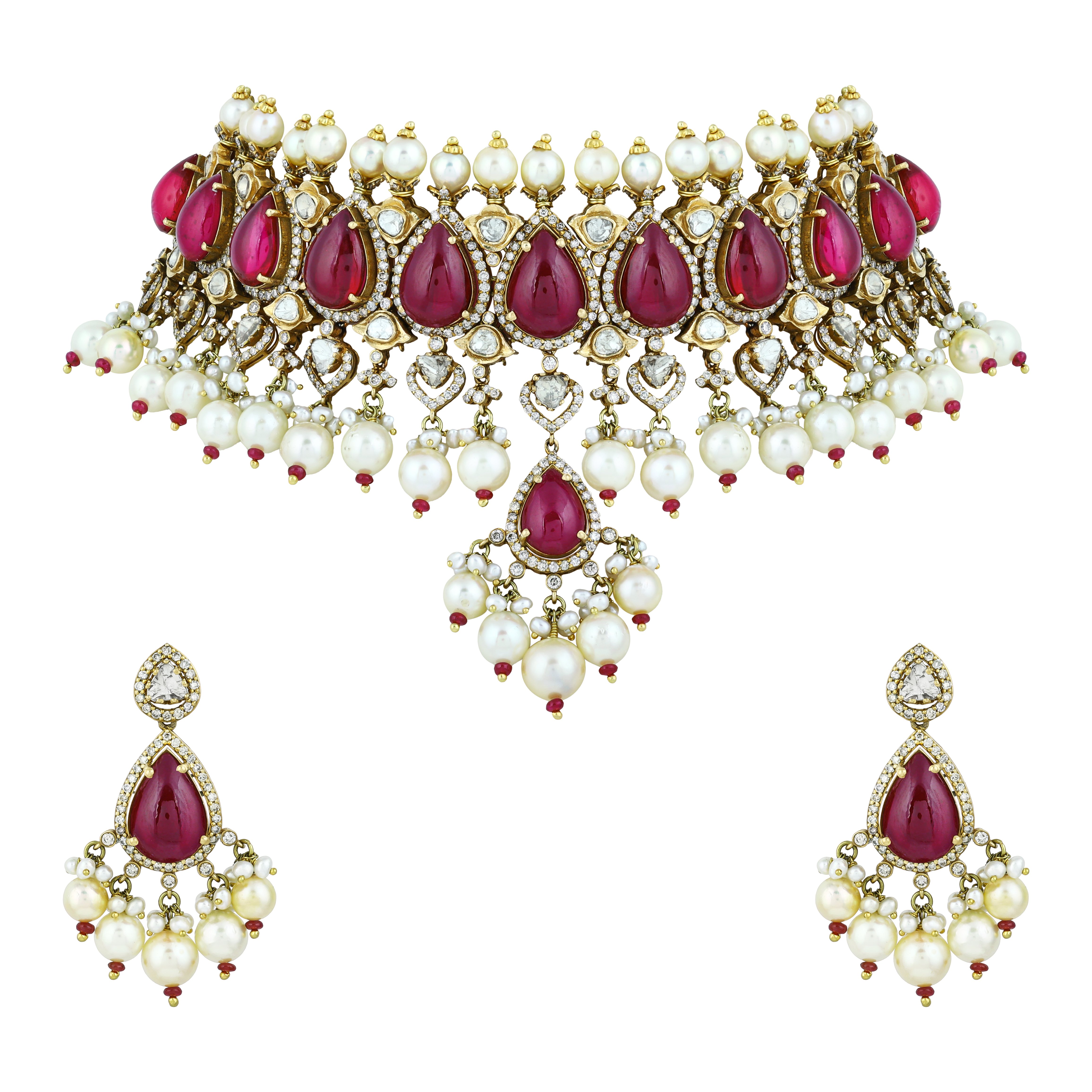 Ruby Colourstone Teardrop Choker Set with Polki Diamonds & Pearls
