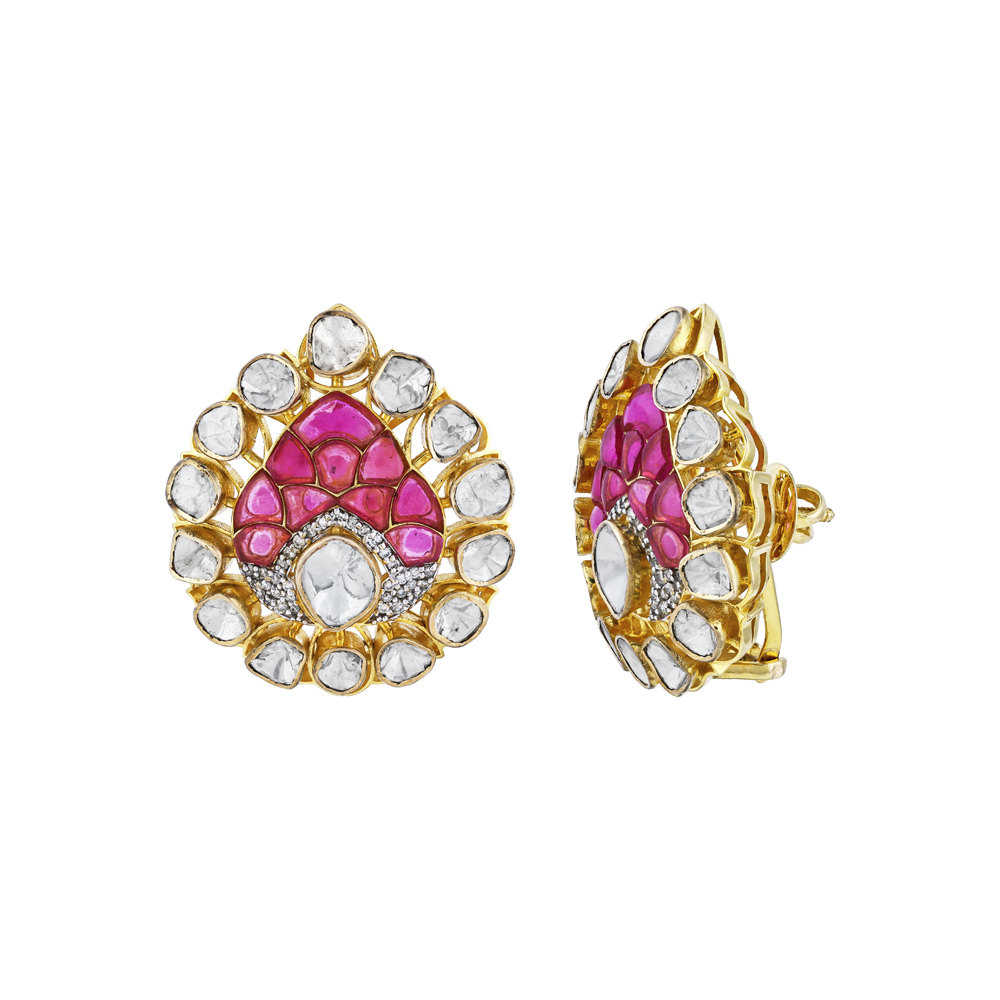 Teardrop Earrings with Uncut Diamonds and Pink Talaf