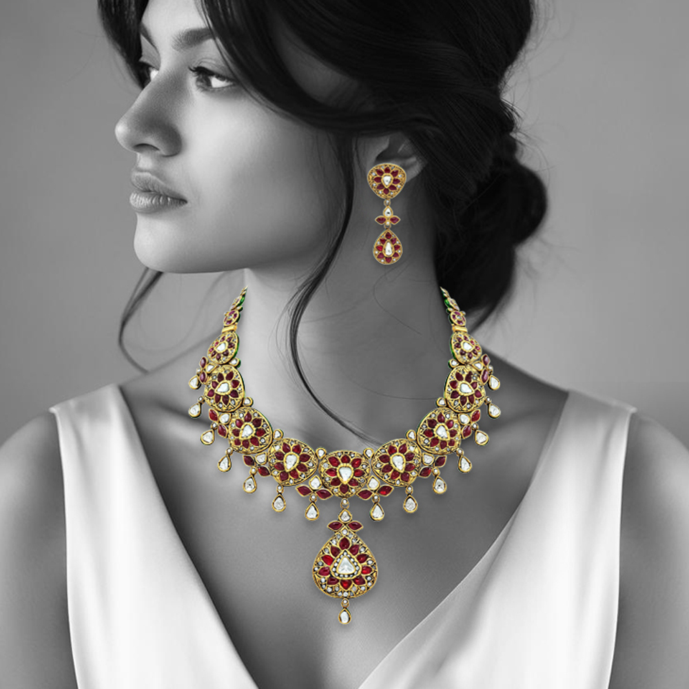 Red Talaf Necklace Set with Polki and Drop Details