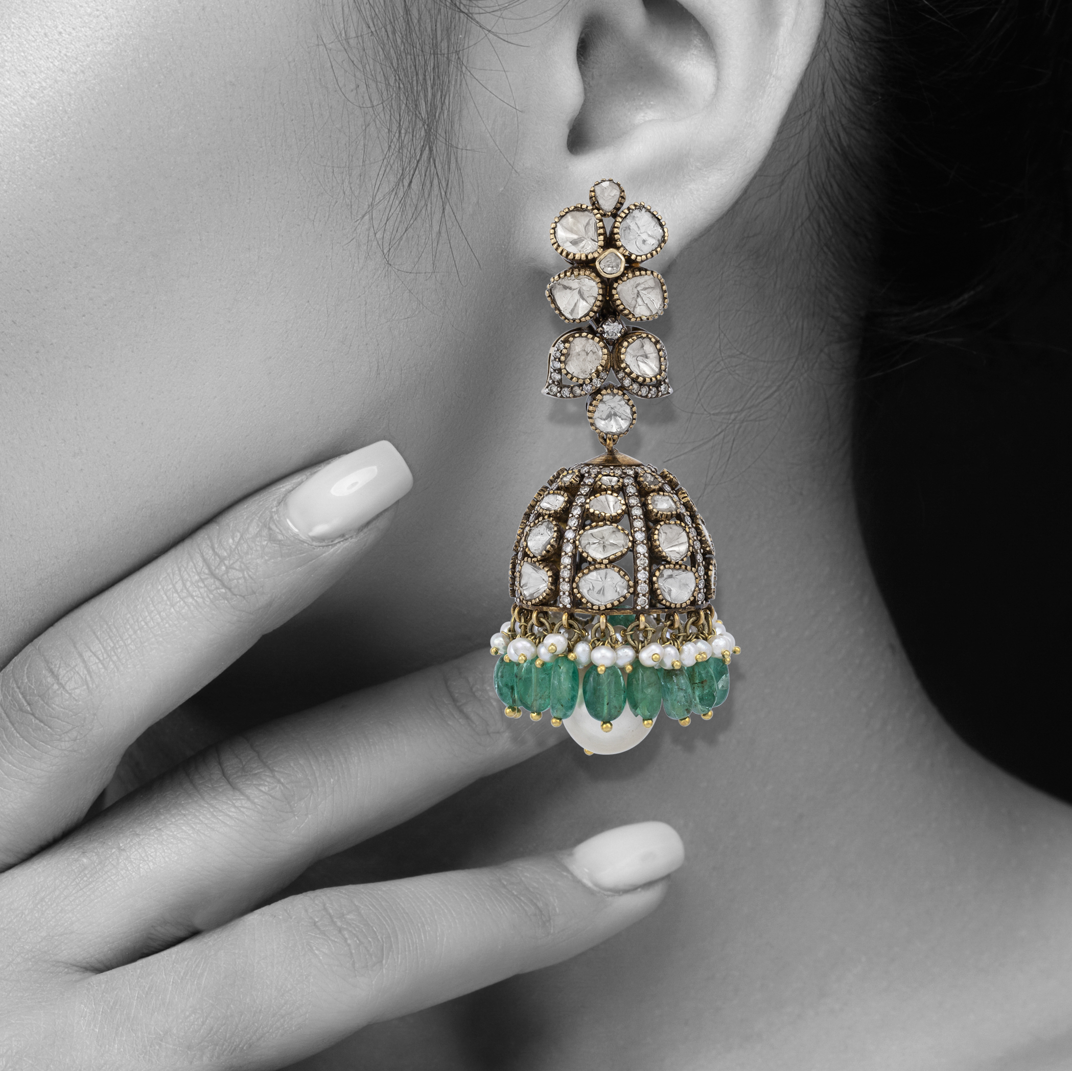 Polki and Emerald Bead Jhumkas