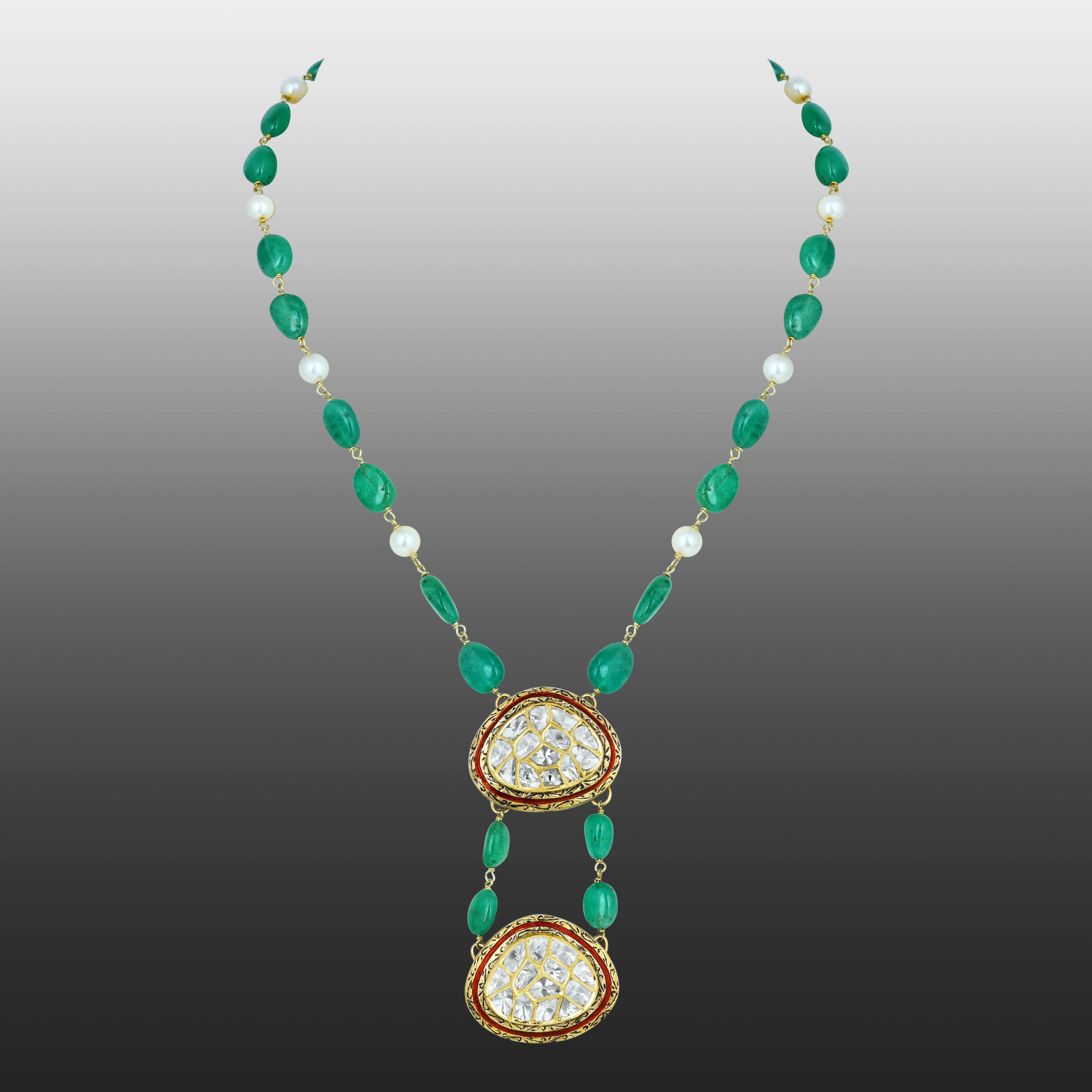 Emerald and Pearl Necklace with Dual Polki Pendants