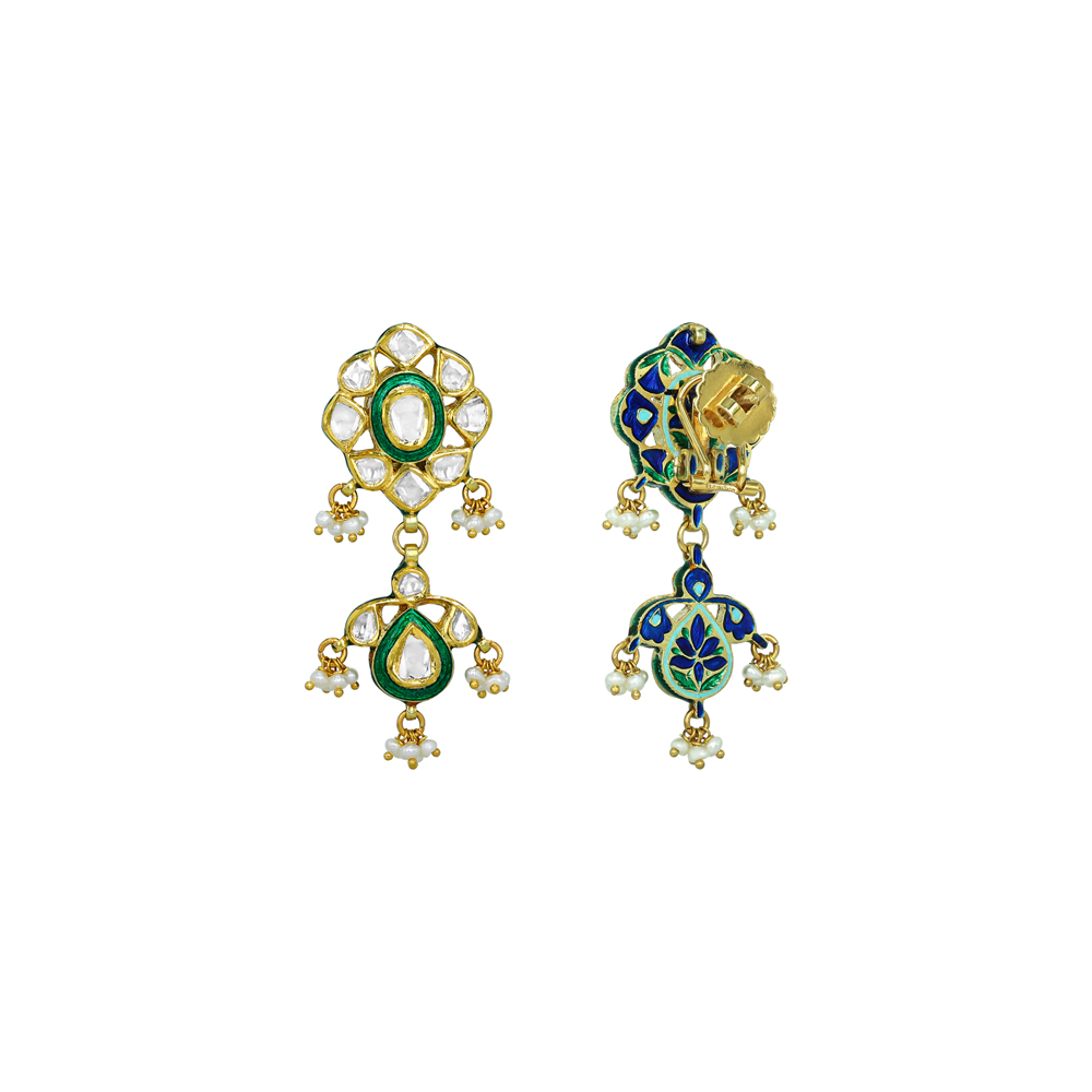 Polki Earrings with Green Enamel and Pearls