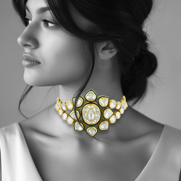 Floral Polki Choker with Green Enamel and Dual Polki Strings