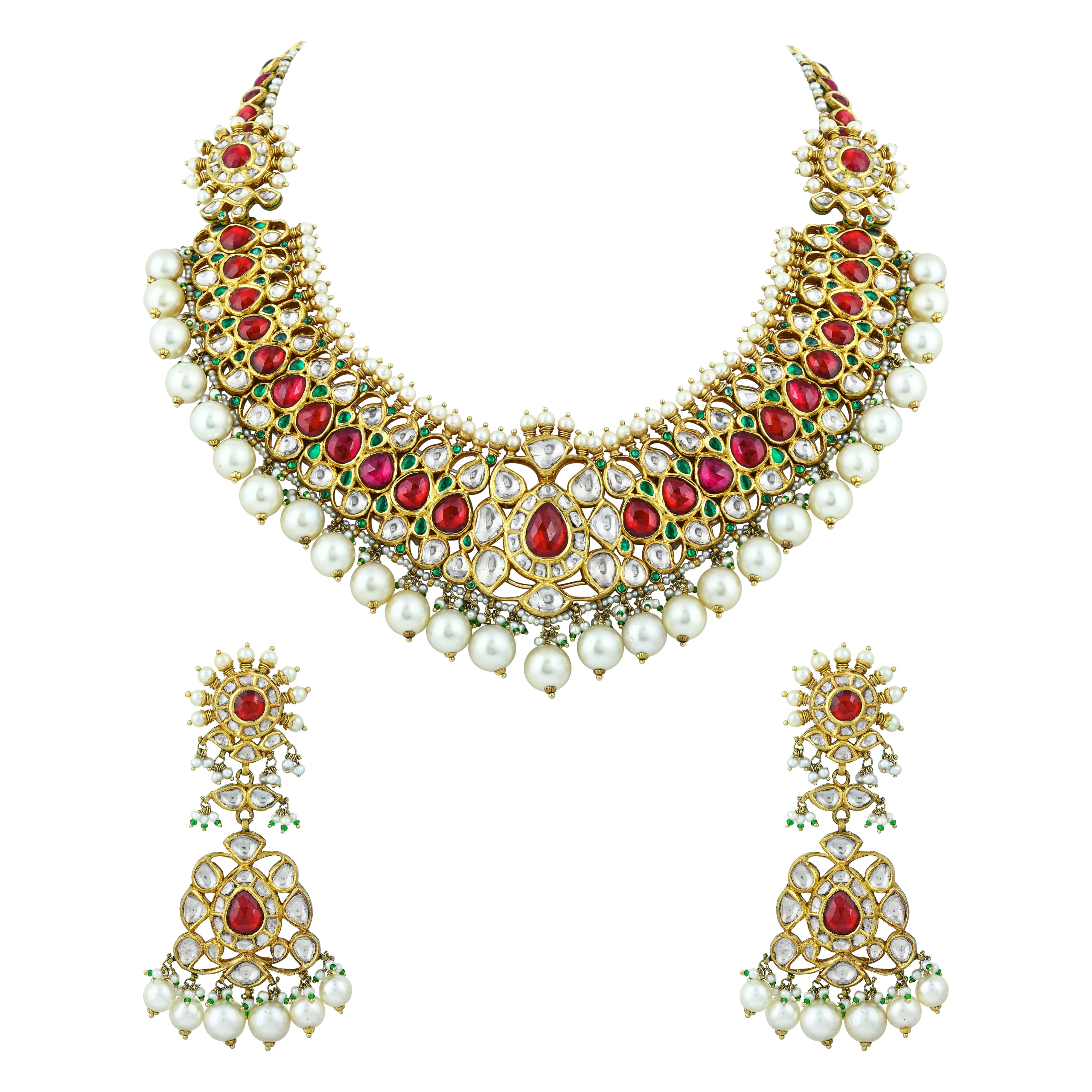 Red Stone Necklace Set with Polkis & Pearl Drops