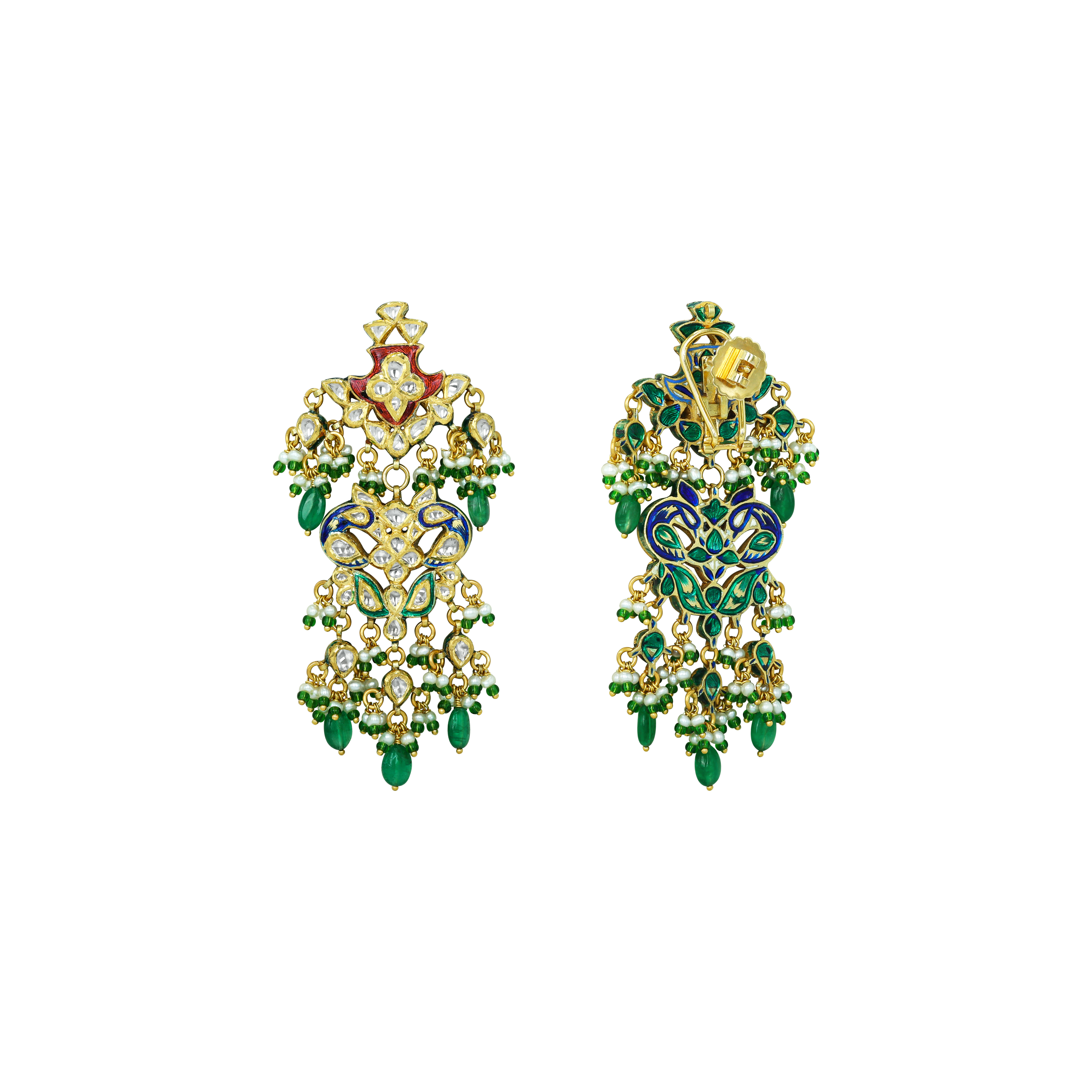 Polki Floral Earrings with Emerald Drops and Enamel