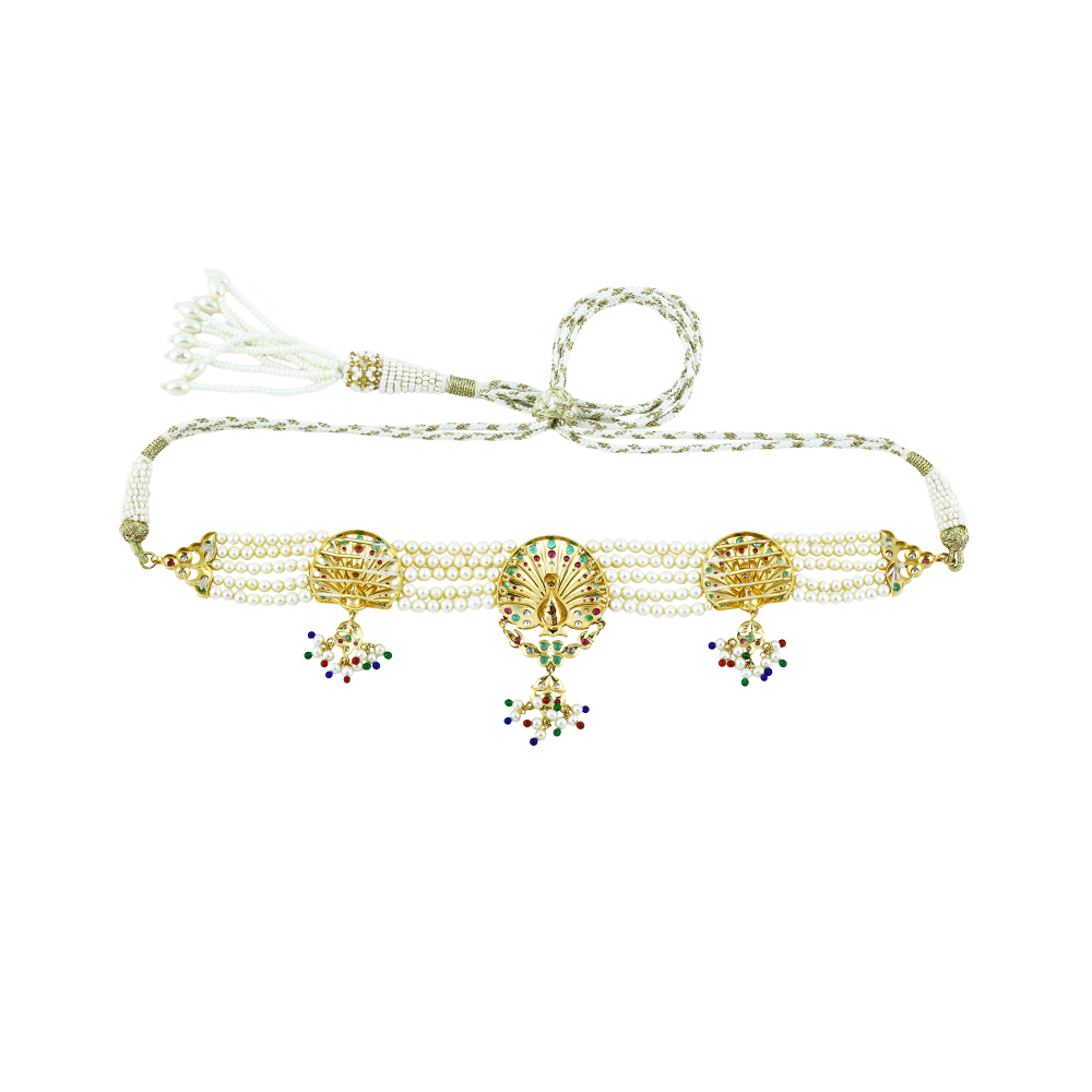 Peacock Enamel Pearl Choker with Gemstones & Bead Drops