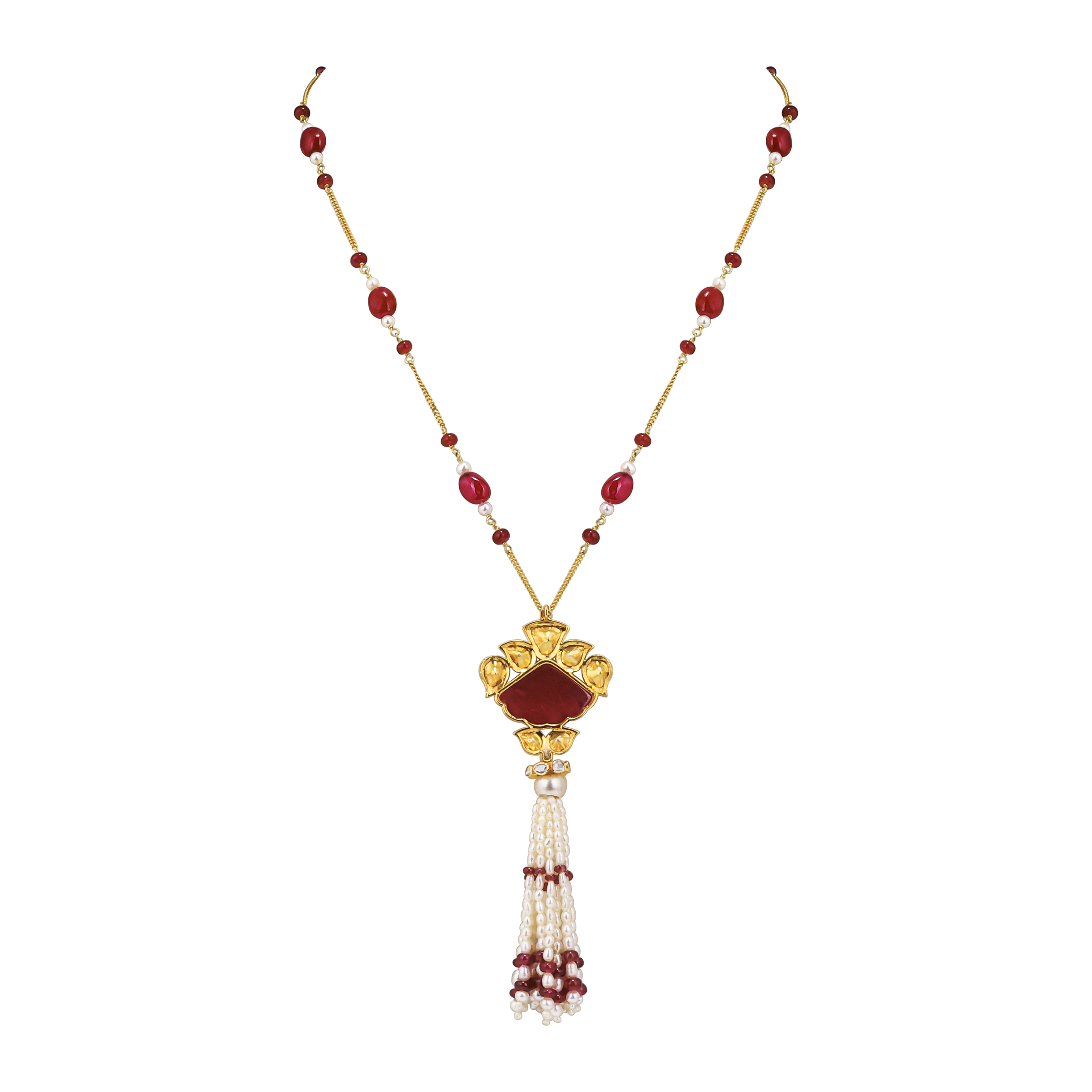 Carved Ruby Pendant Necklace with Pearl Tassel