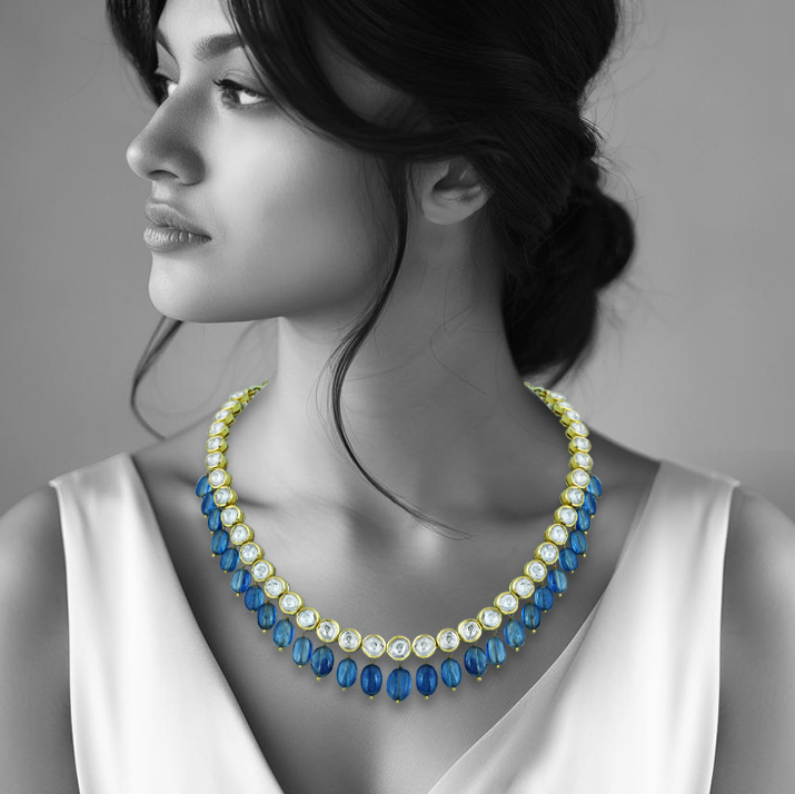 Polki Necklace with Tanzanite Drops and Timeless Elegance