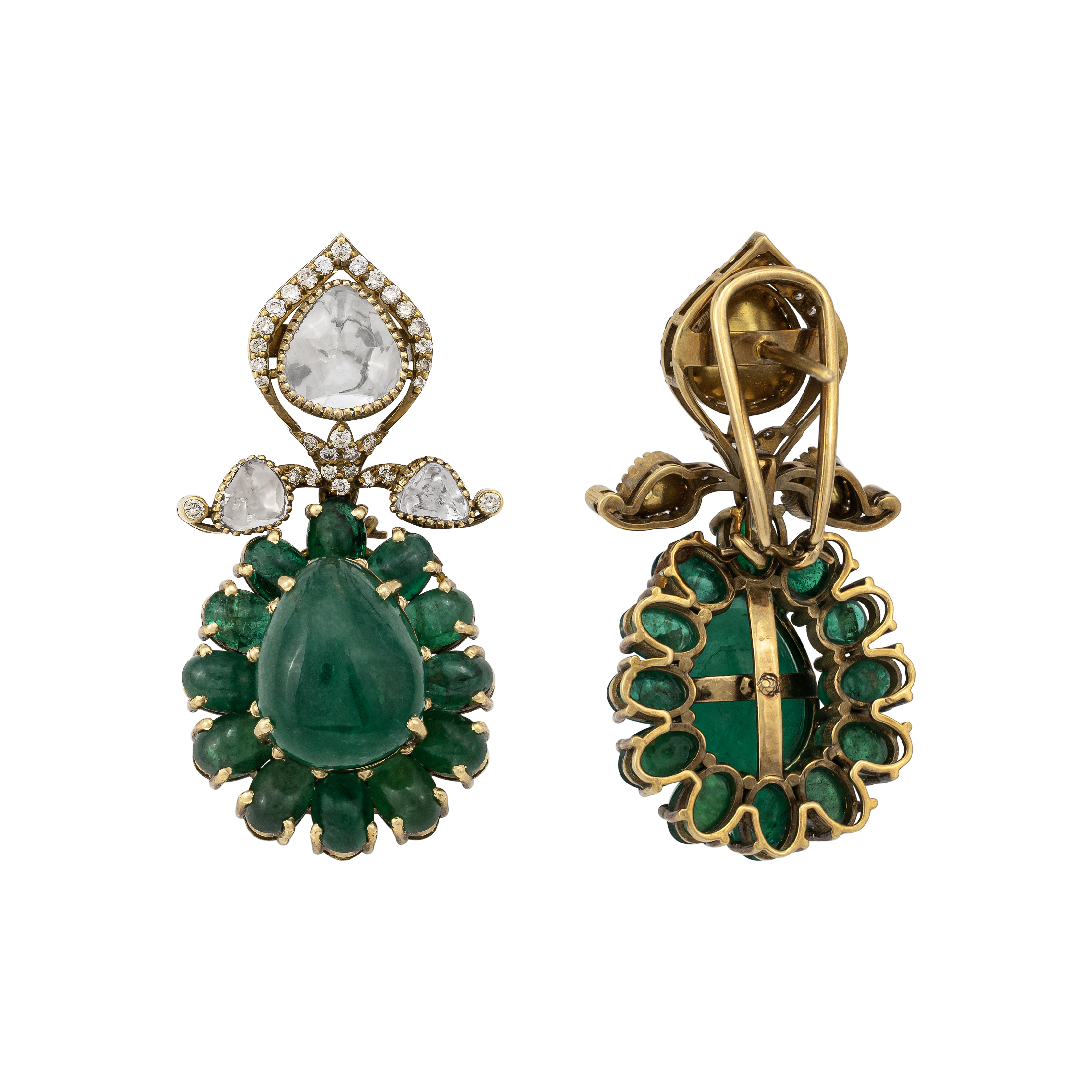 Antique Emerald Drop Earrings with Beaded Halo