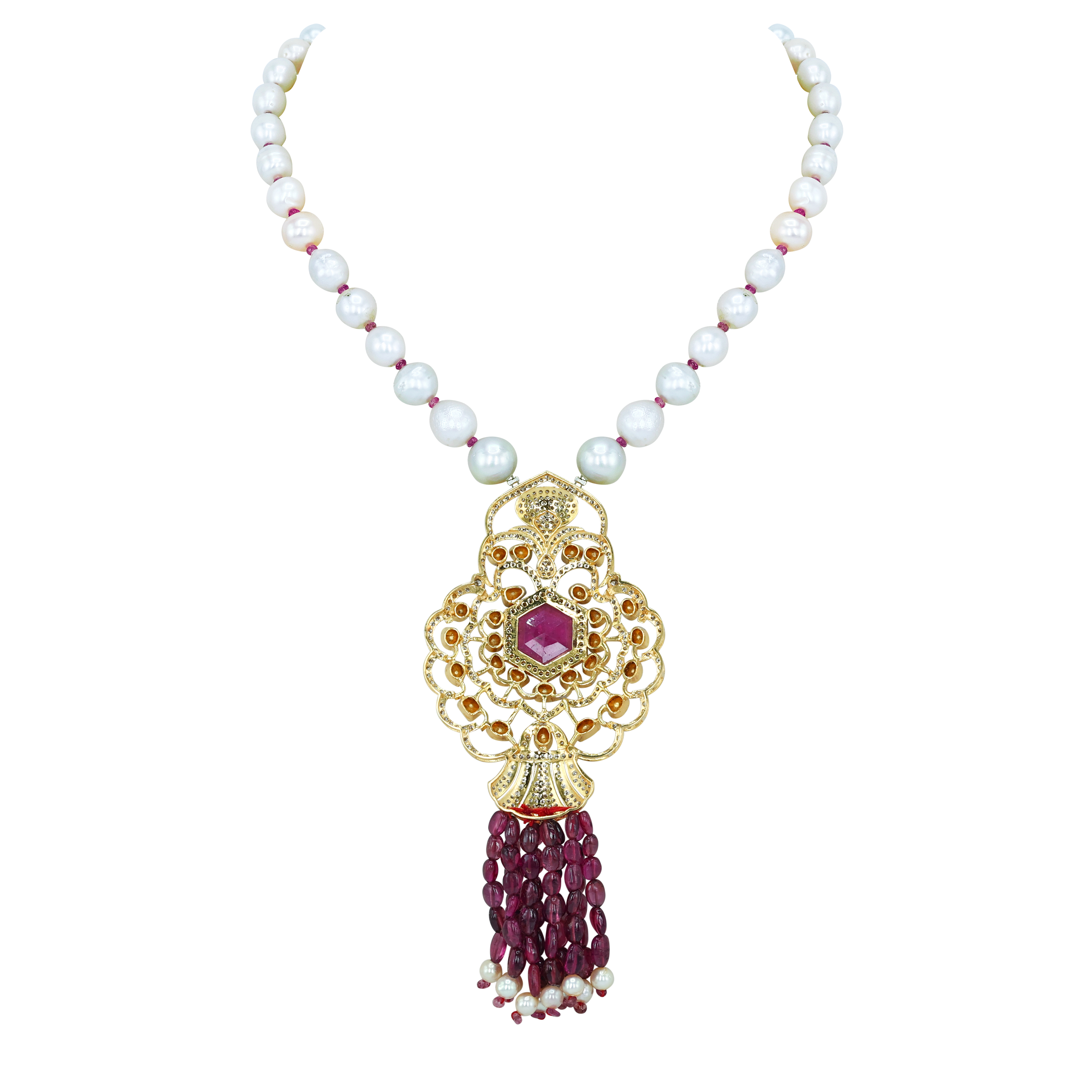 Hexagonal Tourmaline Pendant with Diamond Filigree and Tourmaline Tassels