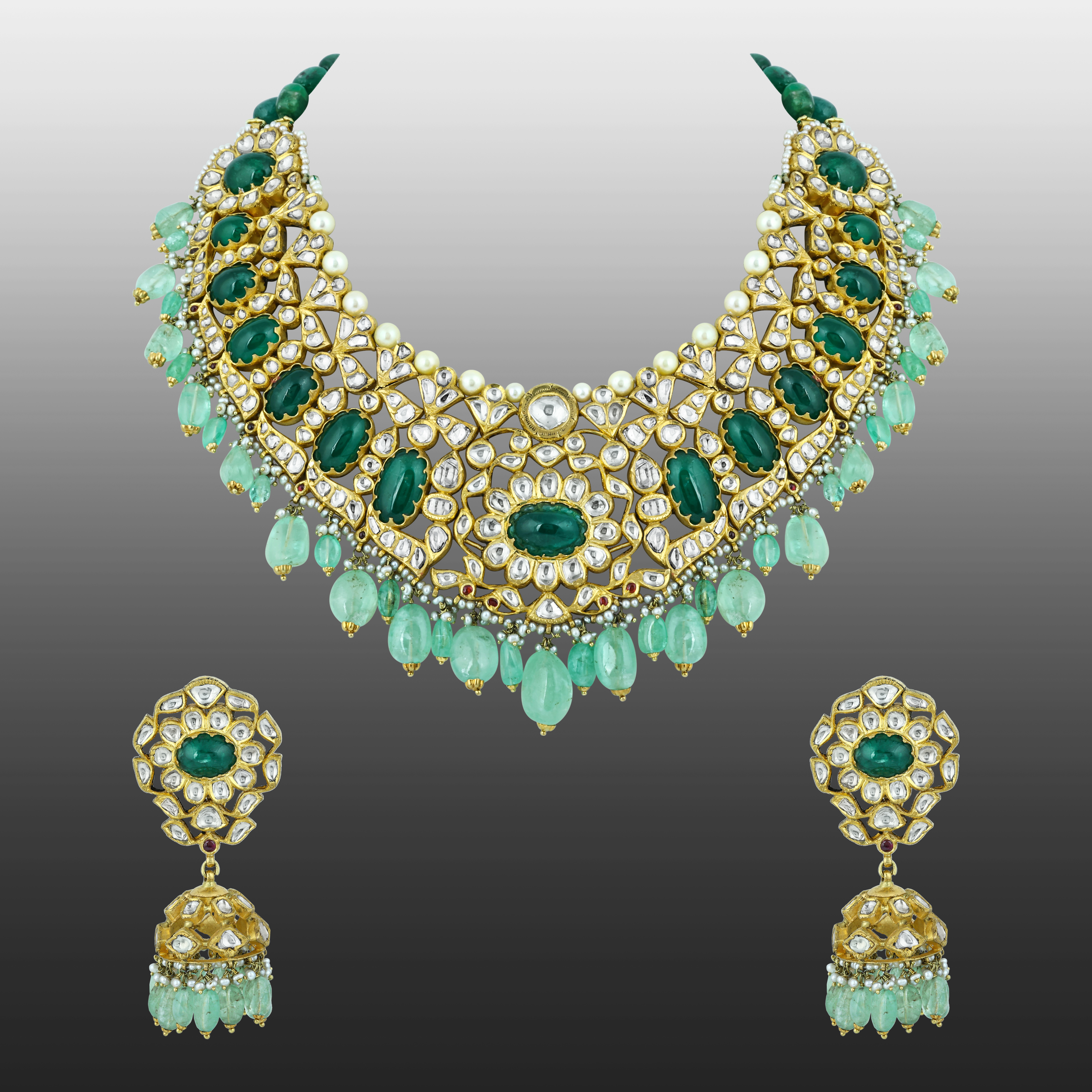 Green Cabochons & Polki Necklace Set with Pearl Accents
