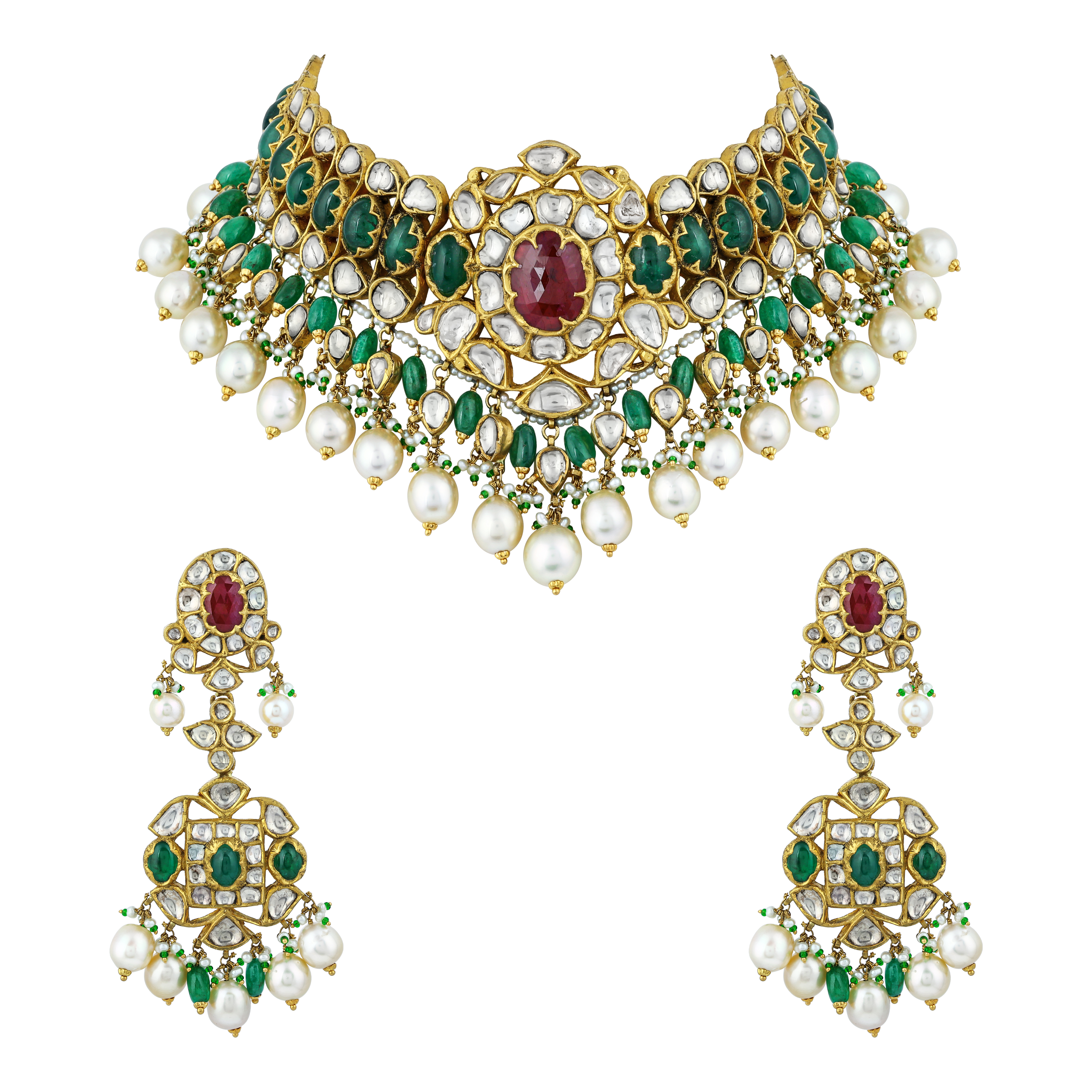 Red and Green Floral Cabochon Choker Set with Pearl Drops