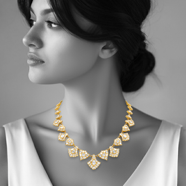 Gold and Polki Fan Motif Necklace