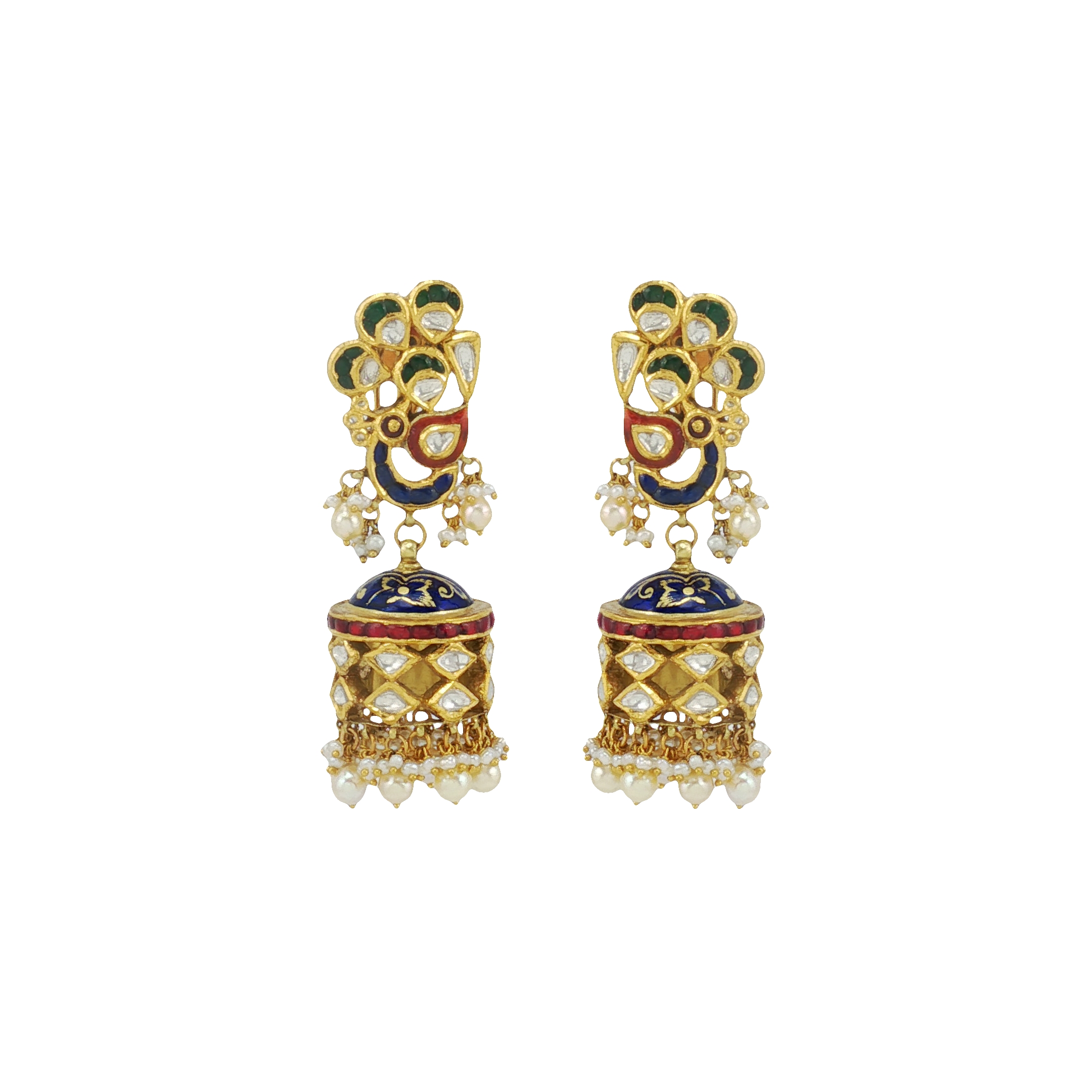 Enamel Polki Jhumkas with Pearls