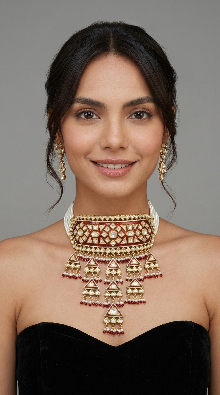 Polki Choker with Red Enamel, Triangular Motifs, and Pearl Drops