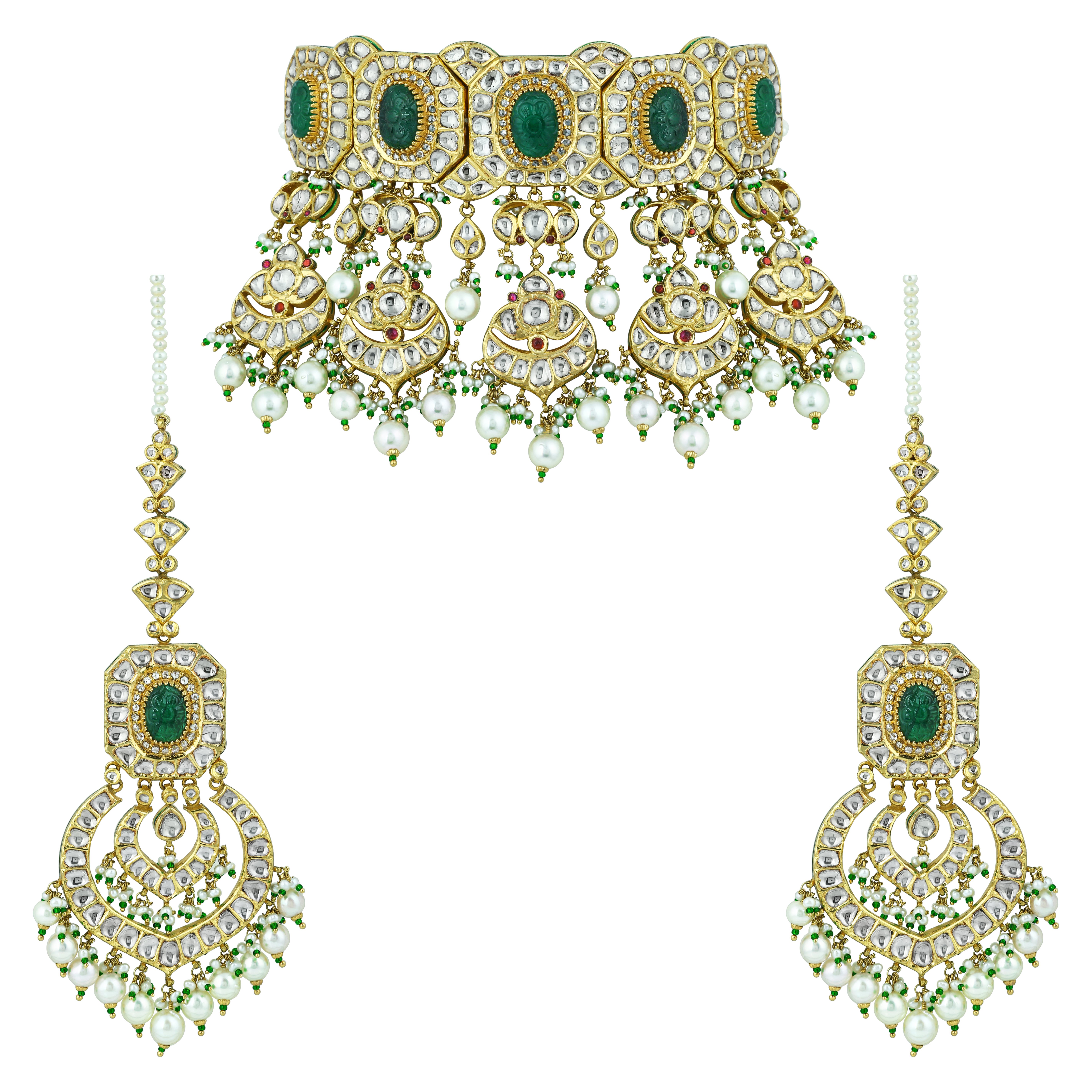 Emerald & Polki Choker with Pearl Layers and Matching Earrings