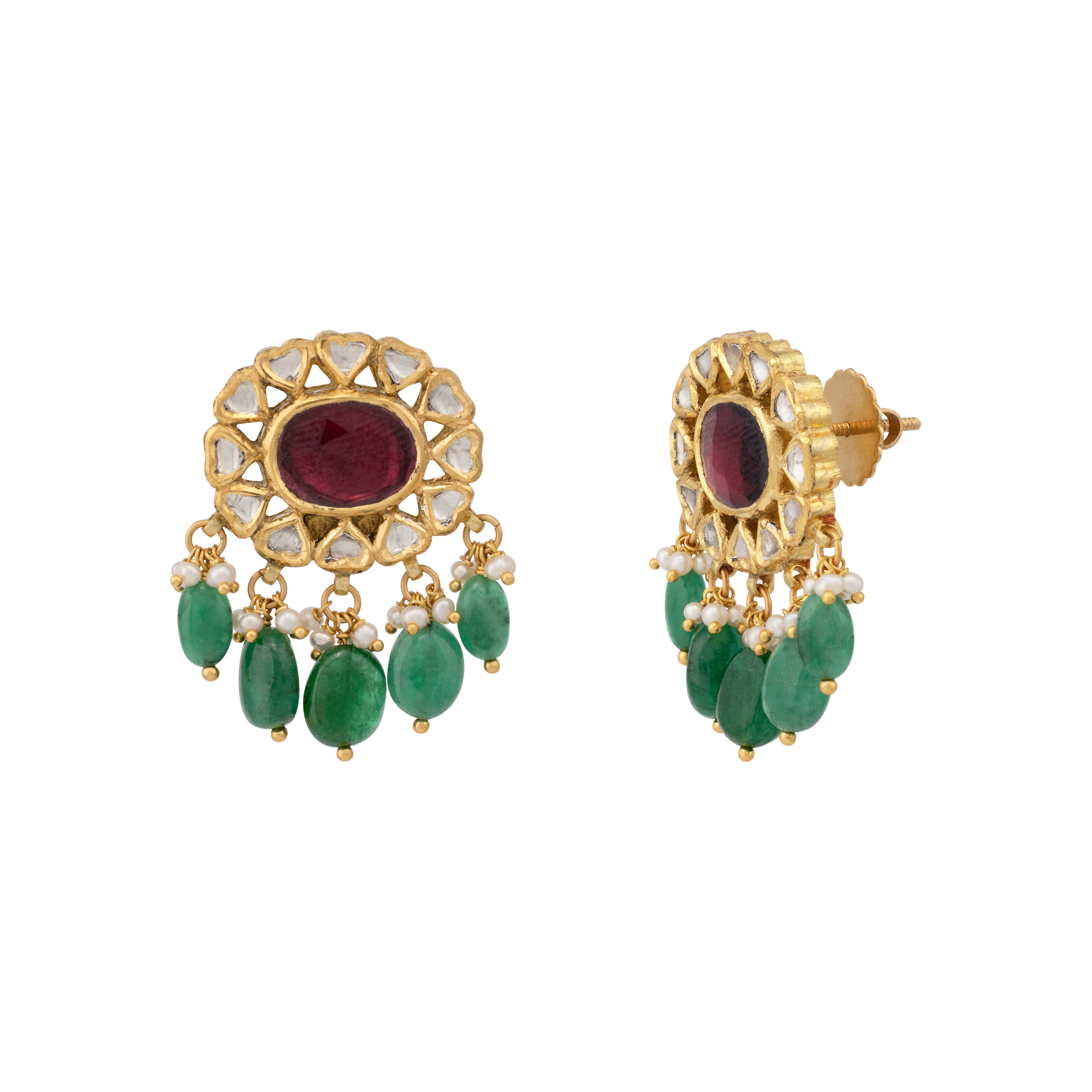 Floral Polki Earring with Ruby Centre and Emerald Drops