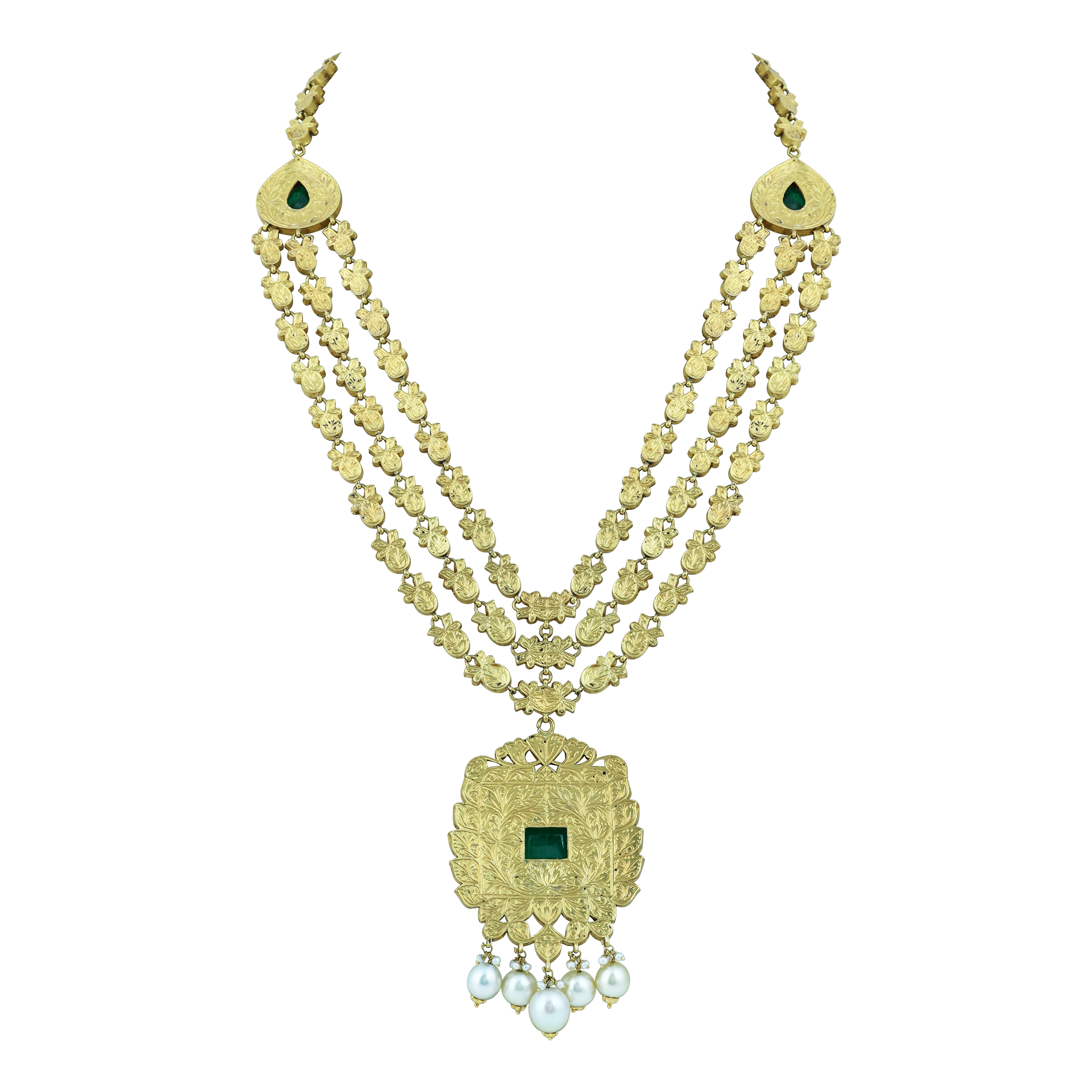 Triple-Line Necklace Set with Polkis, Emerald Pendant & Pearls