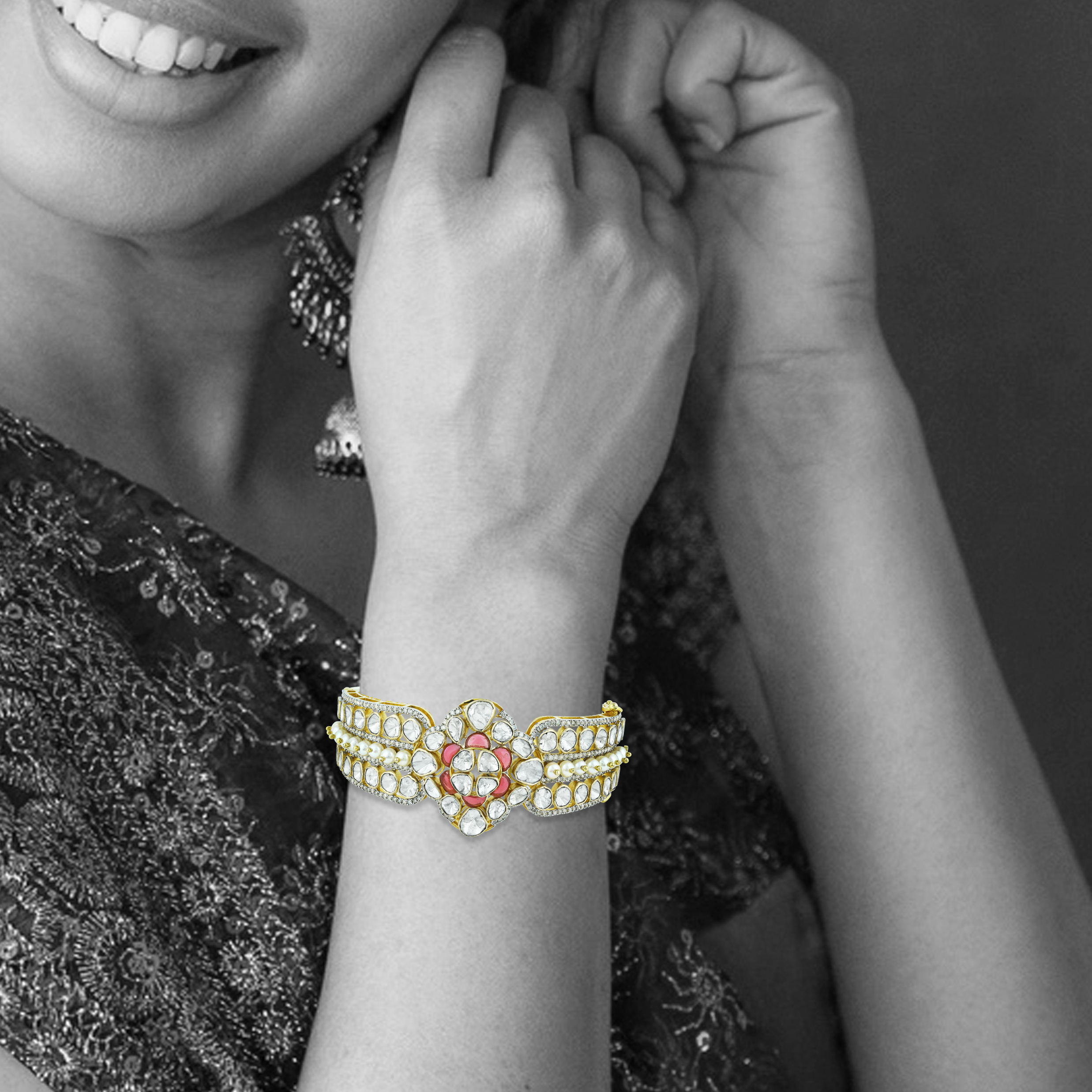 Floral Polki Bangle with Pink Talaf and Studded Pearls