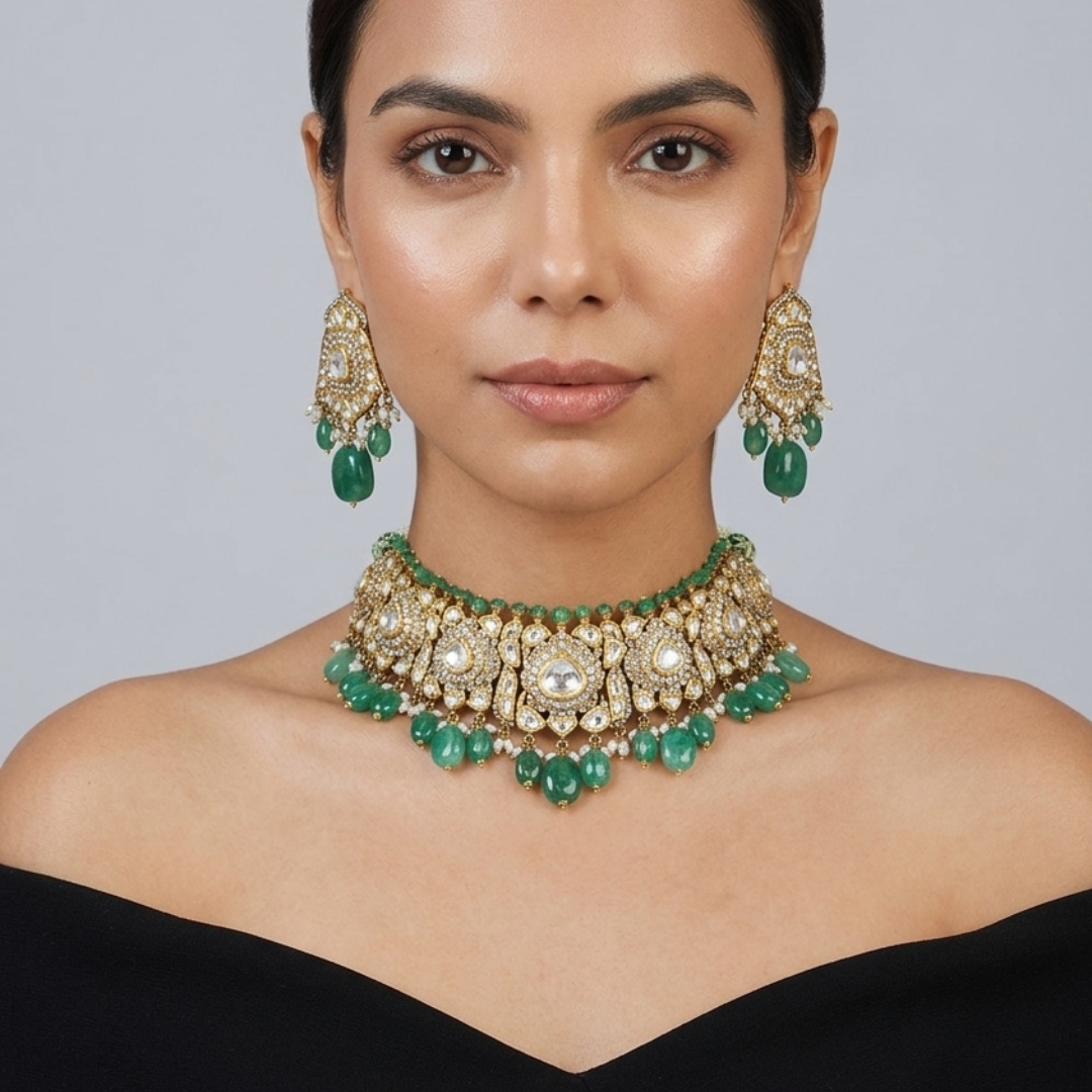 Victorian Rose-Cut Diamond Choker Set with Emerald Beads
