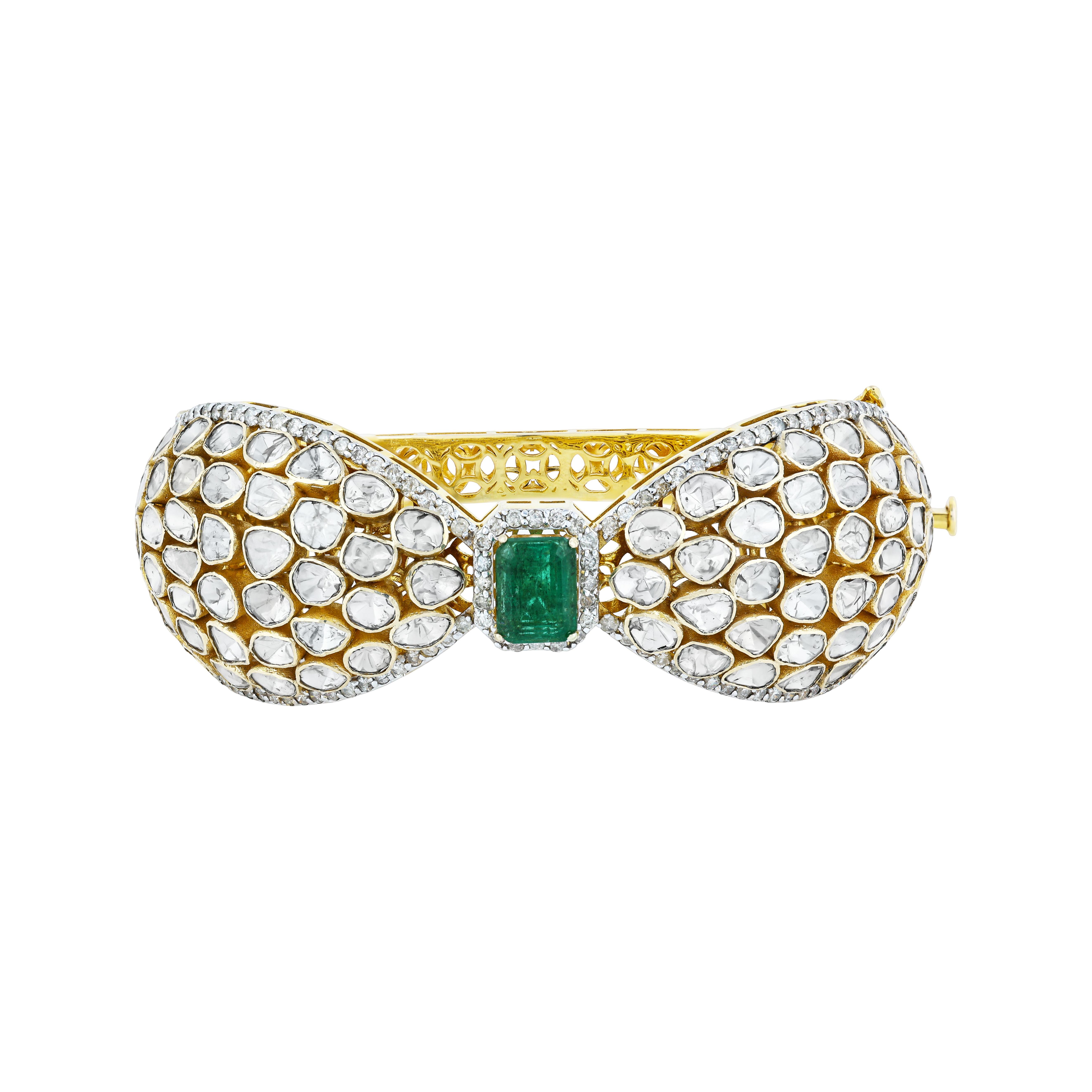 Bangle with Polki Bow Motif and Green Colourstone Centerstone