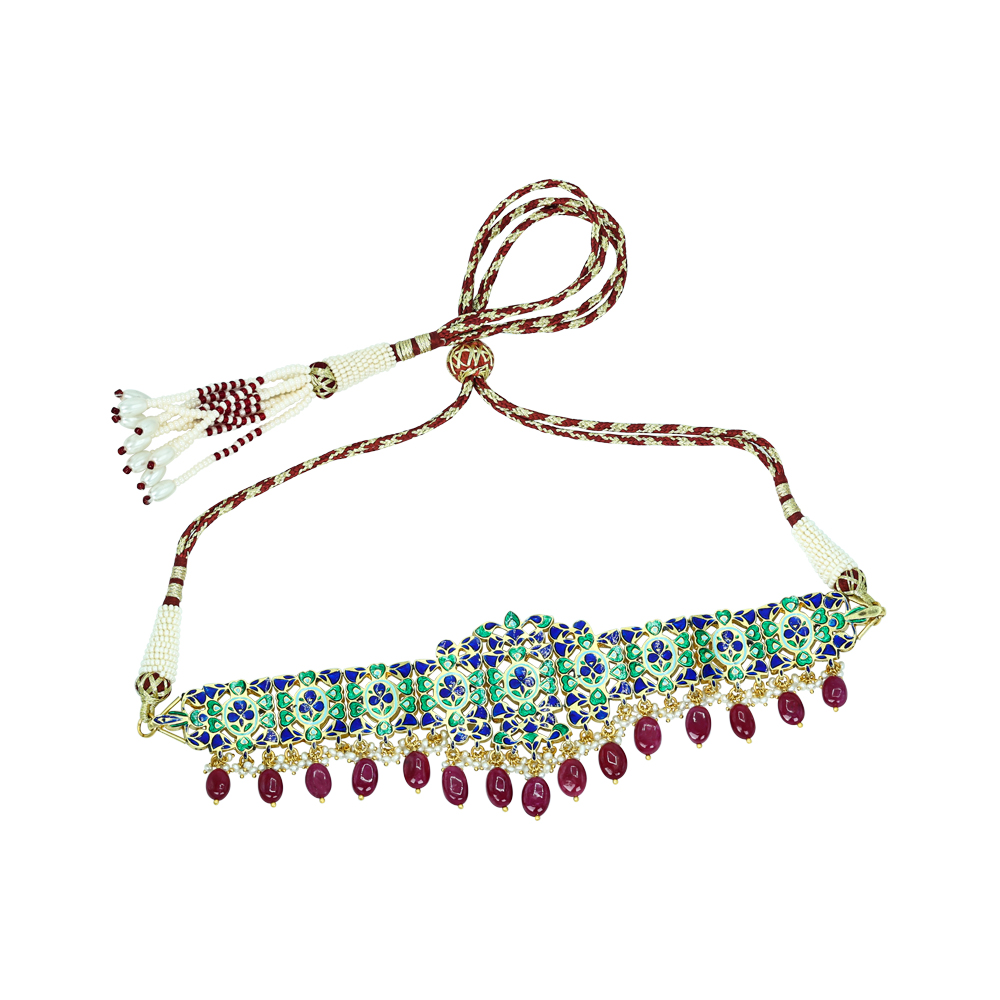 Polki Diamond Choker with Ruby Tumbles and Red Enamel