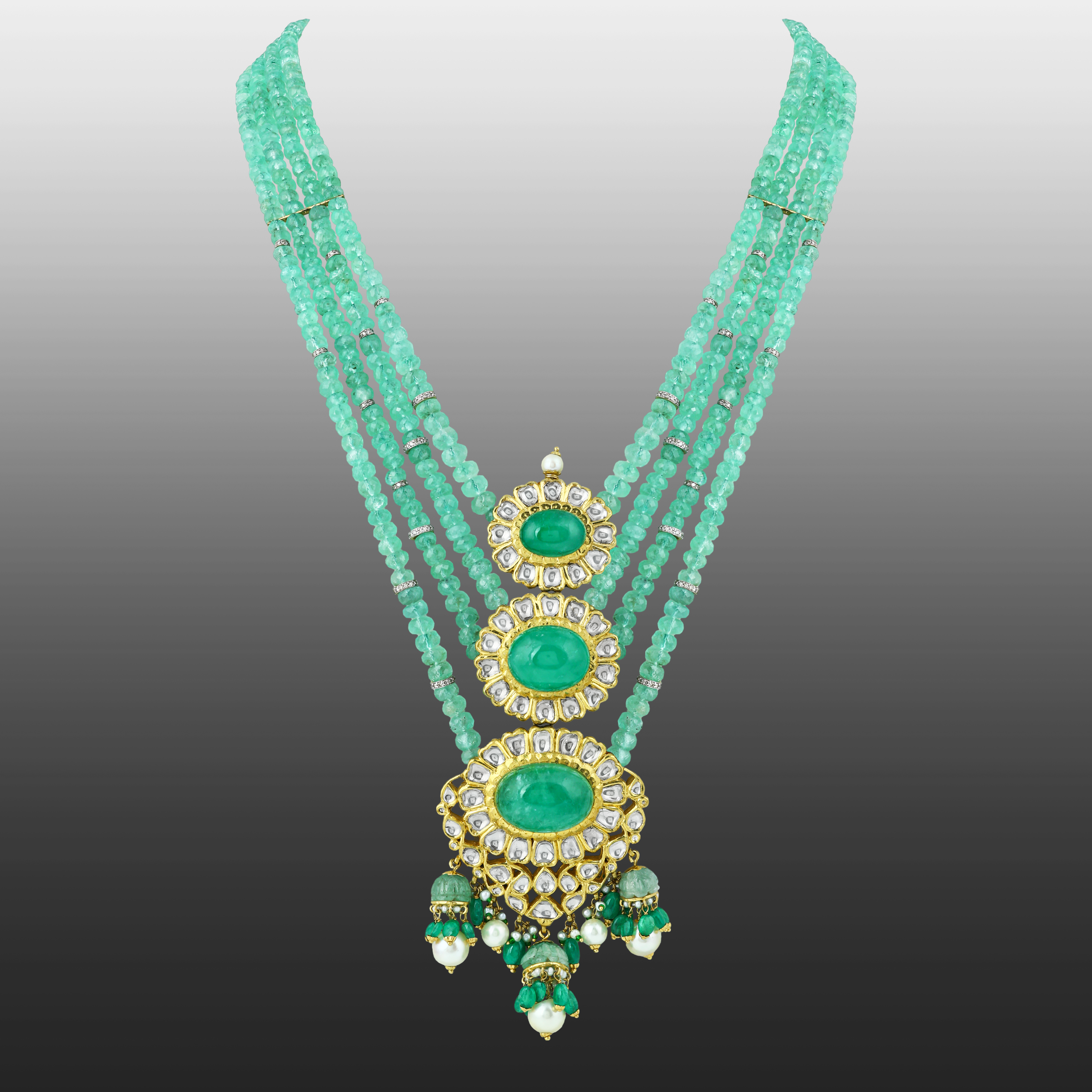 Triple Green Oval Necklace with Polki and Pearl Drops