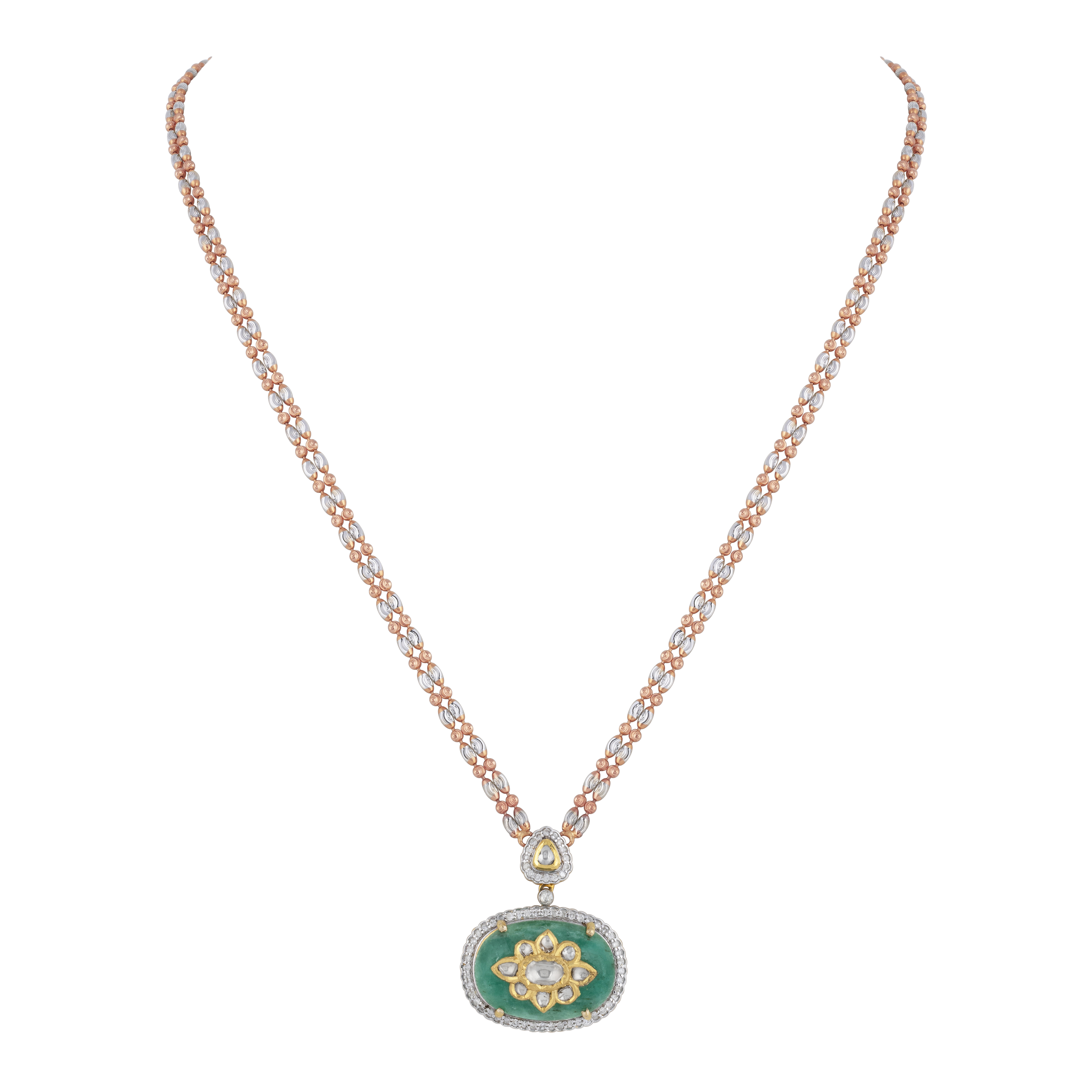 Green Stone Jadau Pendant with Diamond Halo and Fusion Chain