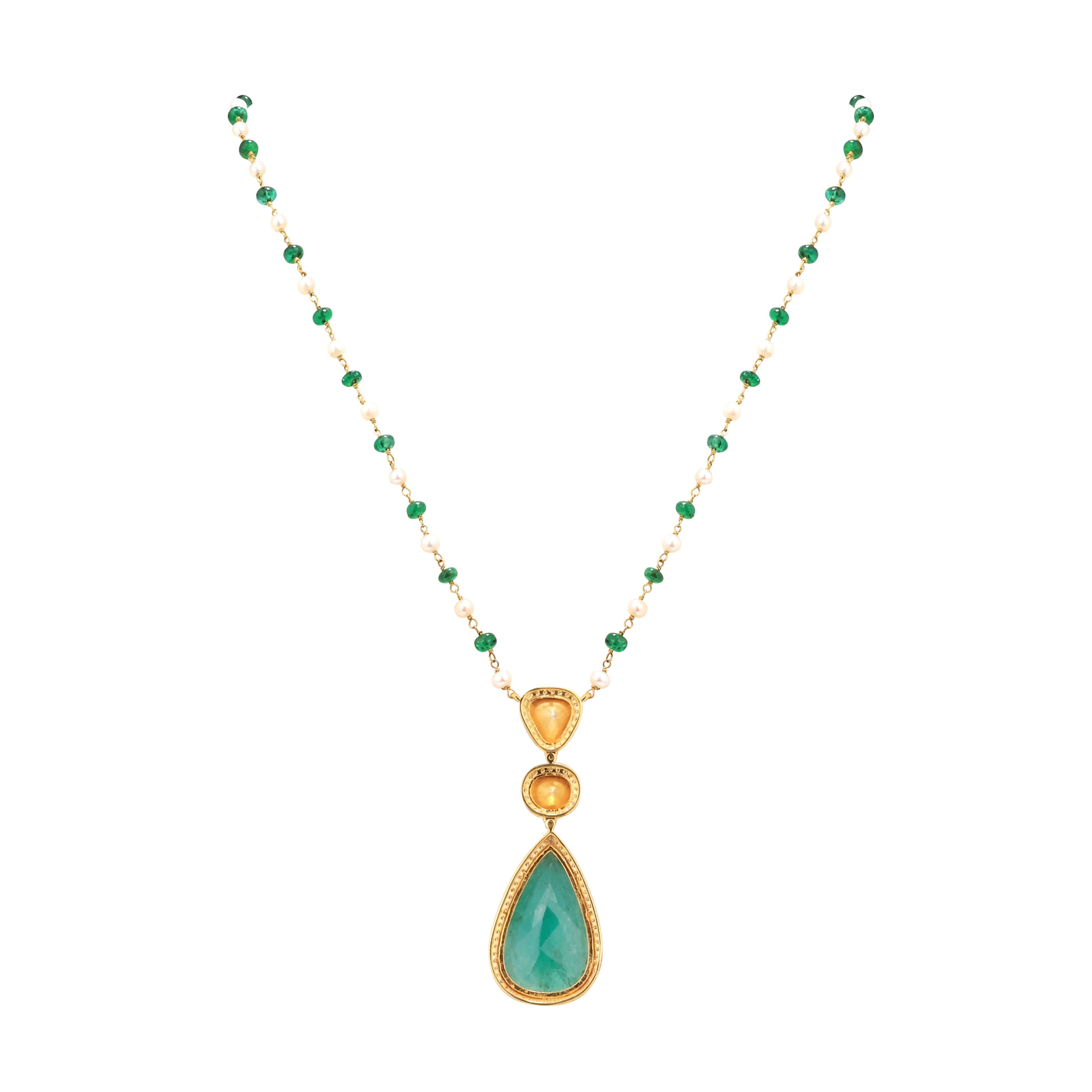 Emerald and Pearl Beaded Necklace with Zambian Pendant Set