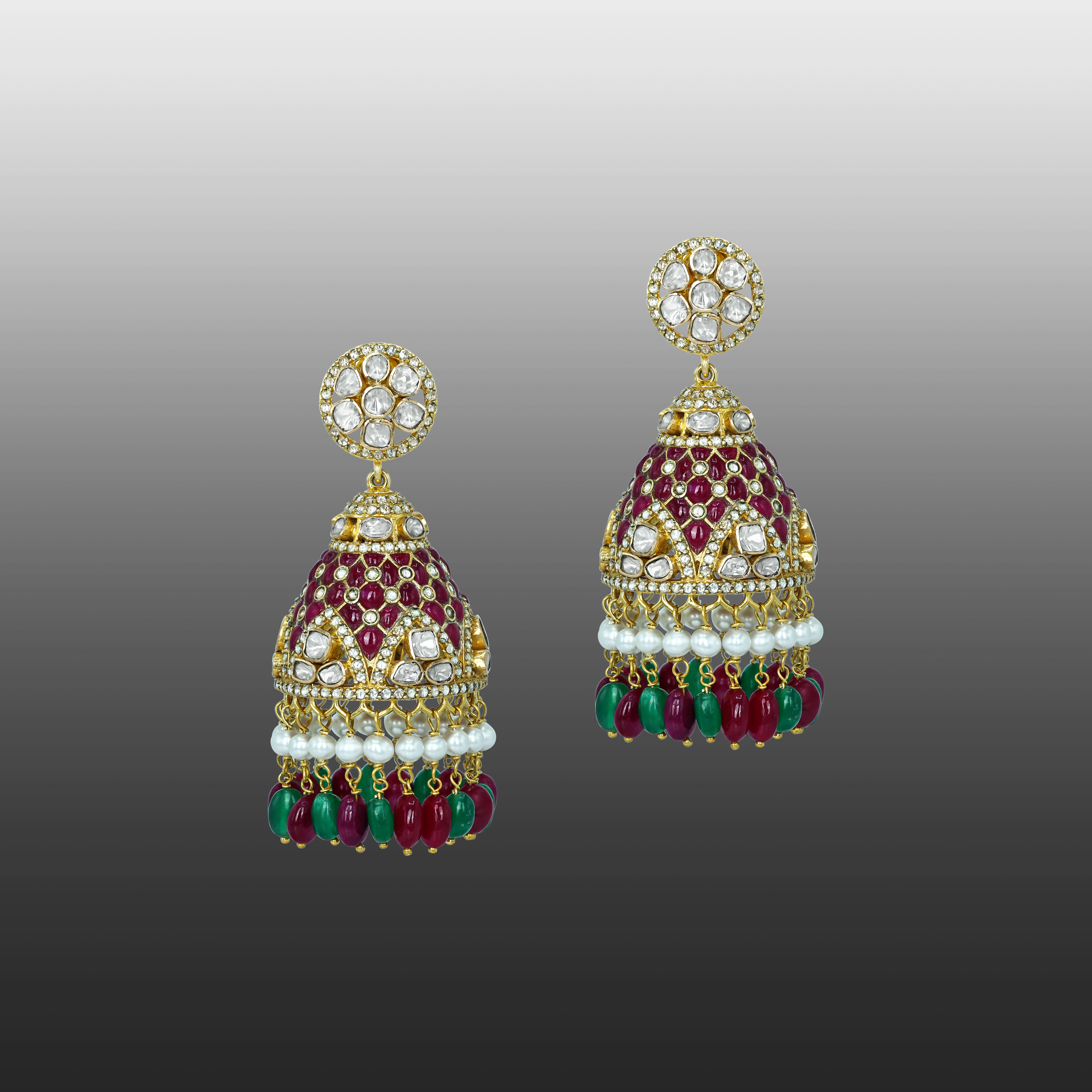 Ruby and Emerald Jhumkas with Polki Studs