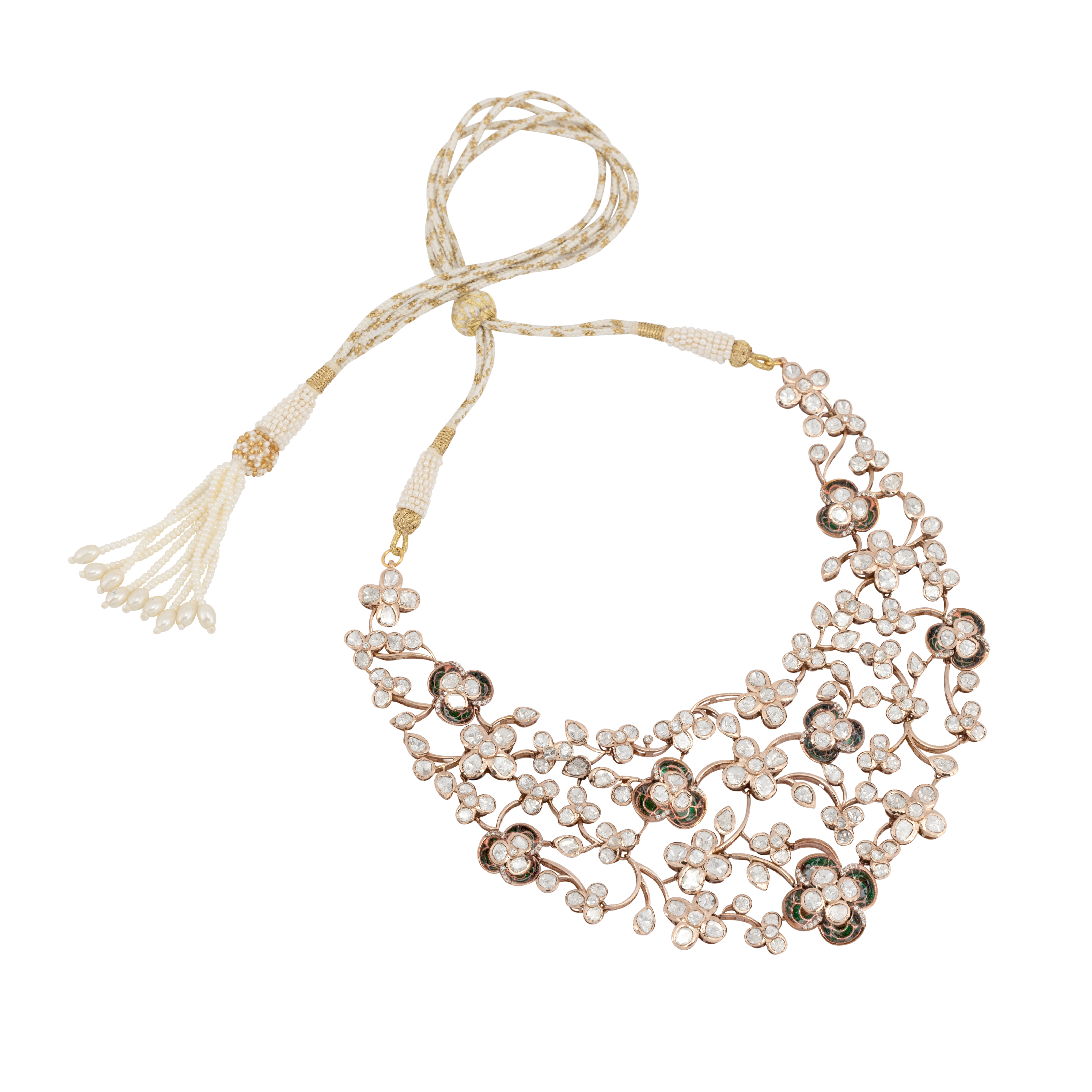 Green Enamel Polki Floral Necklace with Diamond Accents